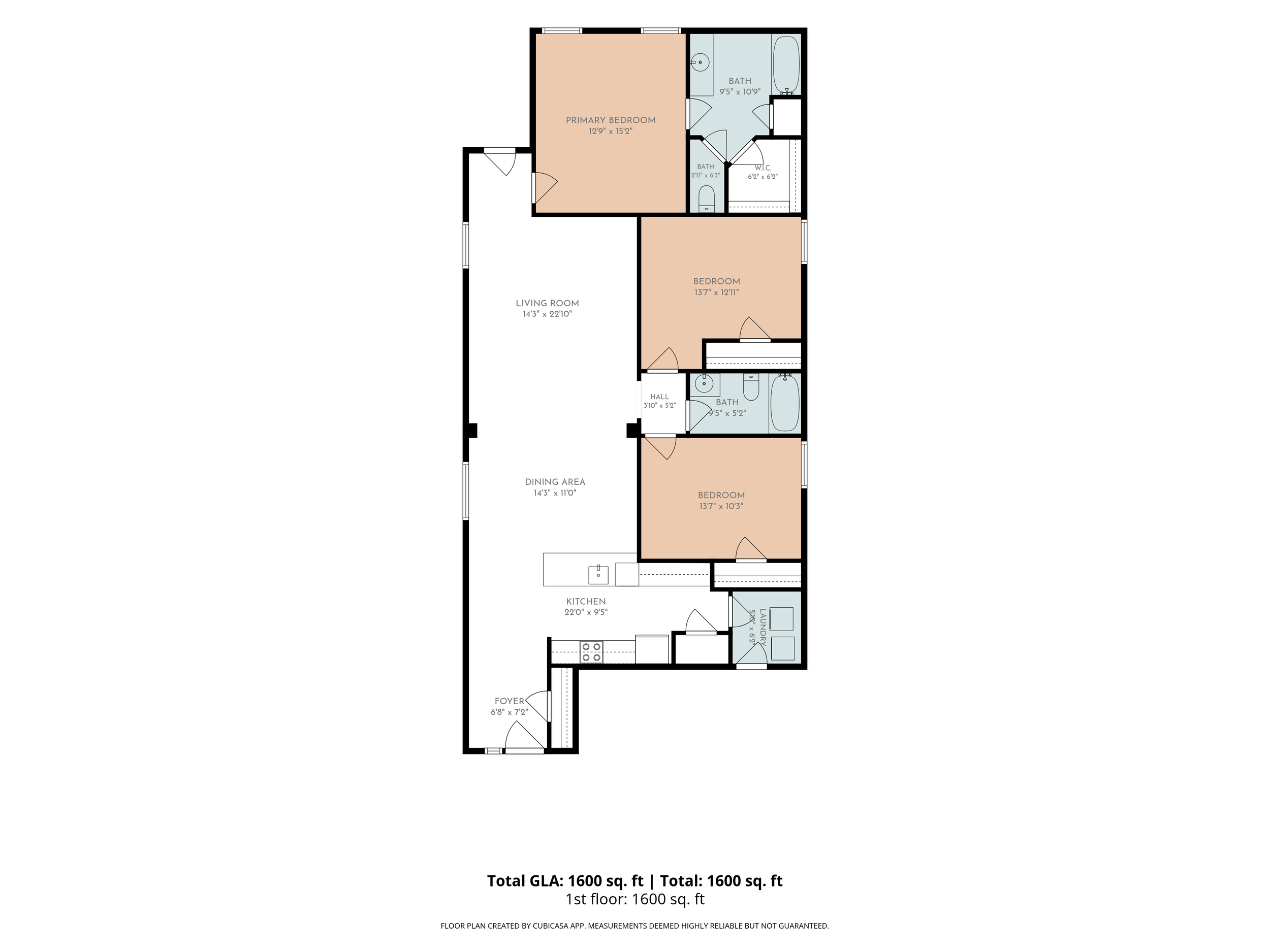 Floor plan of a house showing multiple rooms including foyer, laundry, kitchen, dining area, living room, bedrooms, and bathrooms.