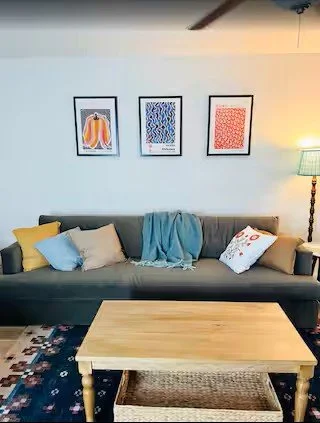 Living room with a gray sofa, four decorative pillows, a blue blanket, and a wooden coffee table in front. Three colorful framed art prints hang on the white wall above the sofa. A lamp with a teal shade is on a side table to the right.
