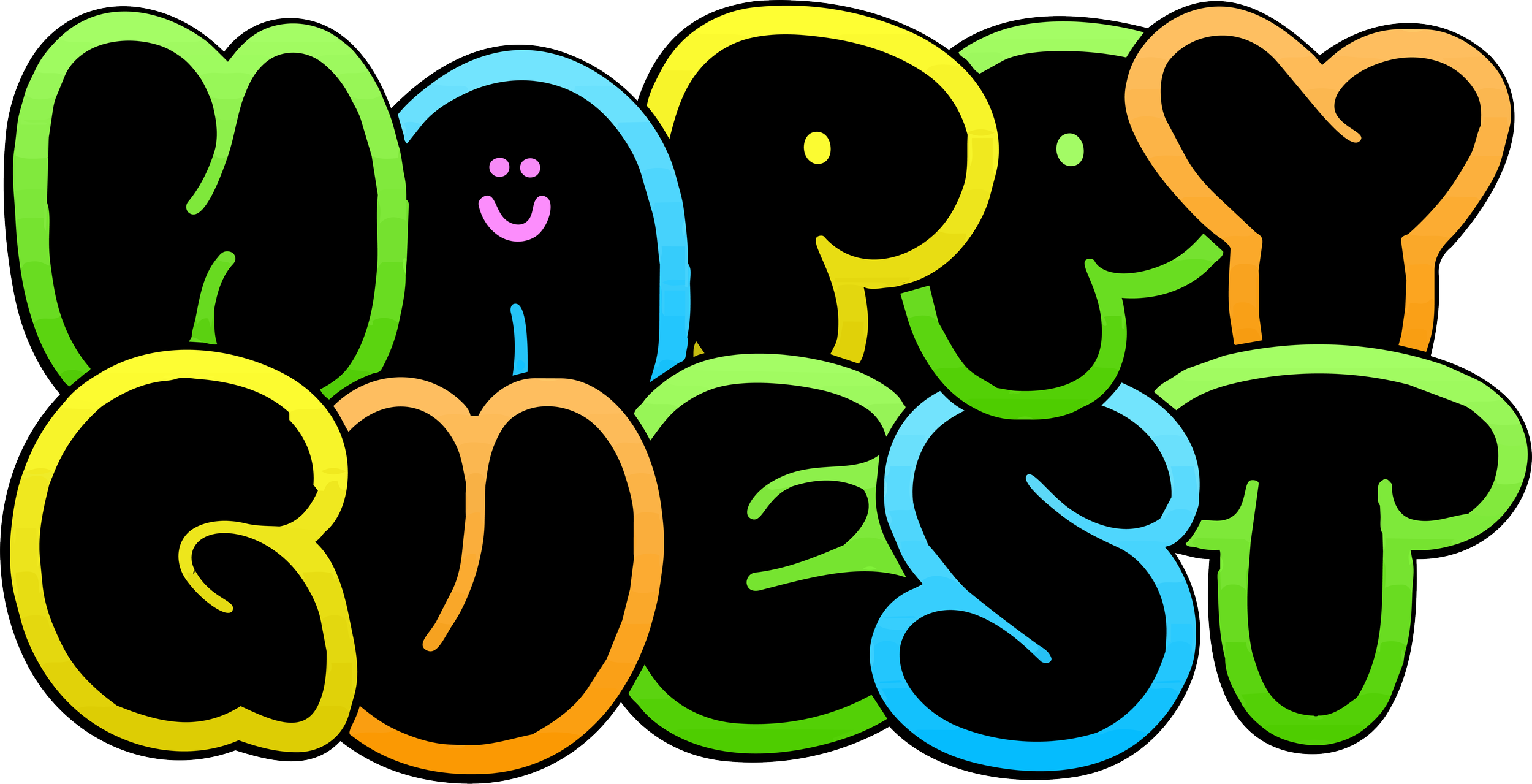Colorful graffiti style text that says "Happy Guest" with each word outlined in black, featuring bright colors including green, orange, yellow, blue, and purple.