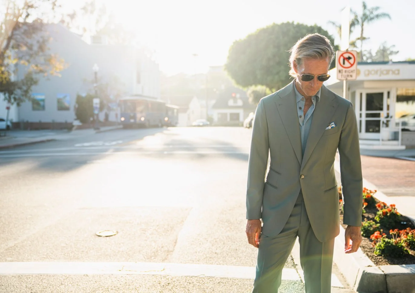 A Scarborough custom suit in sage green, worn in Laguna Beach.