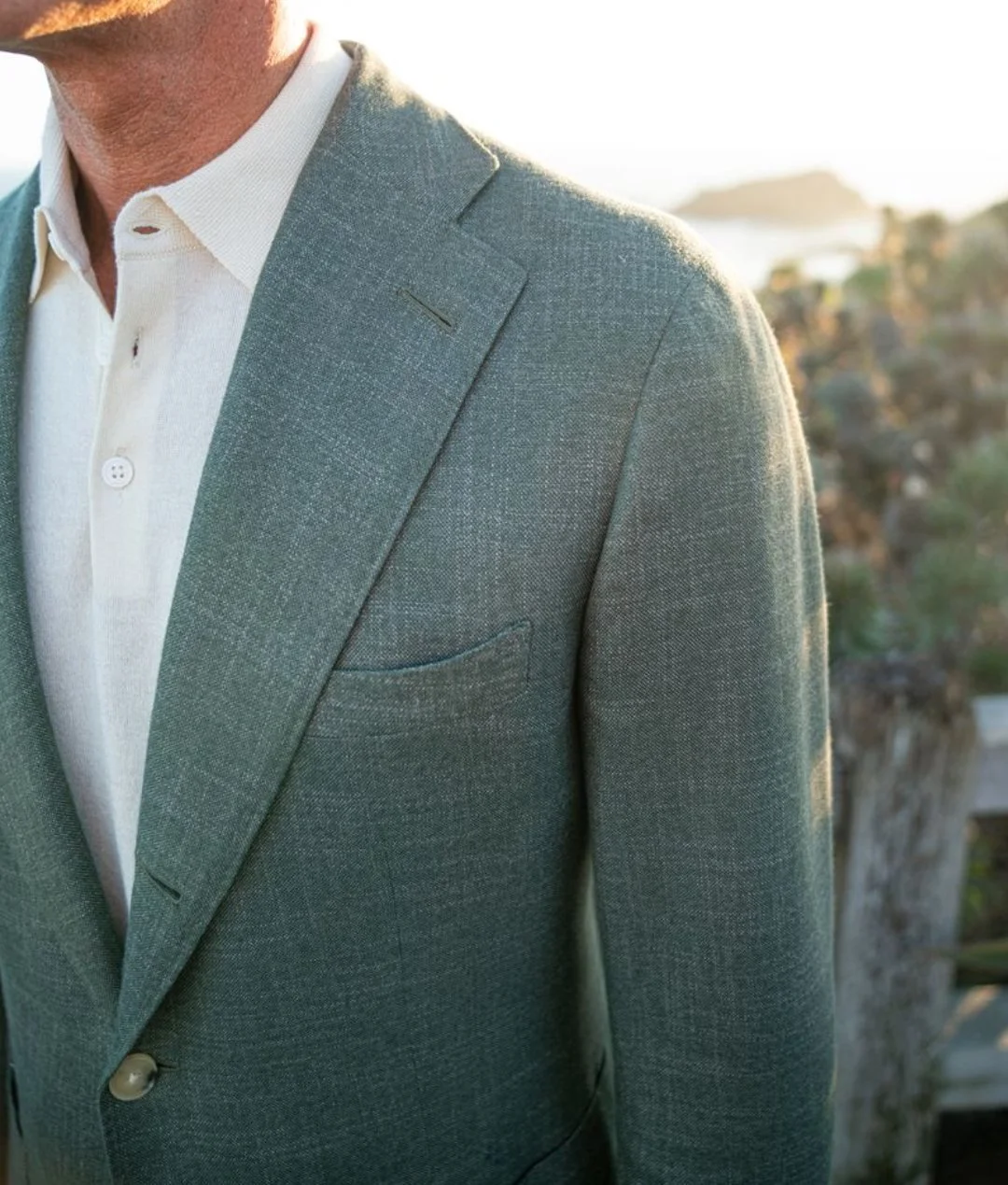 Detail of a Scarborough custom green sport coat.