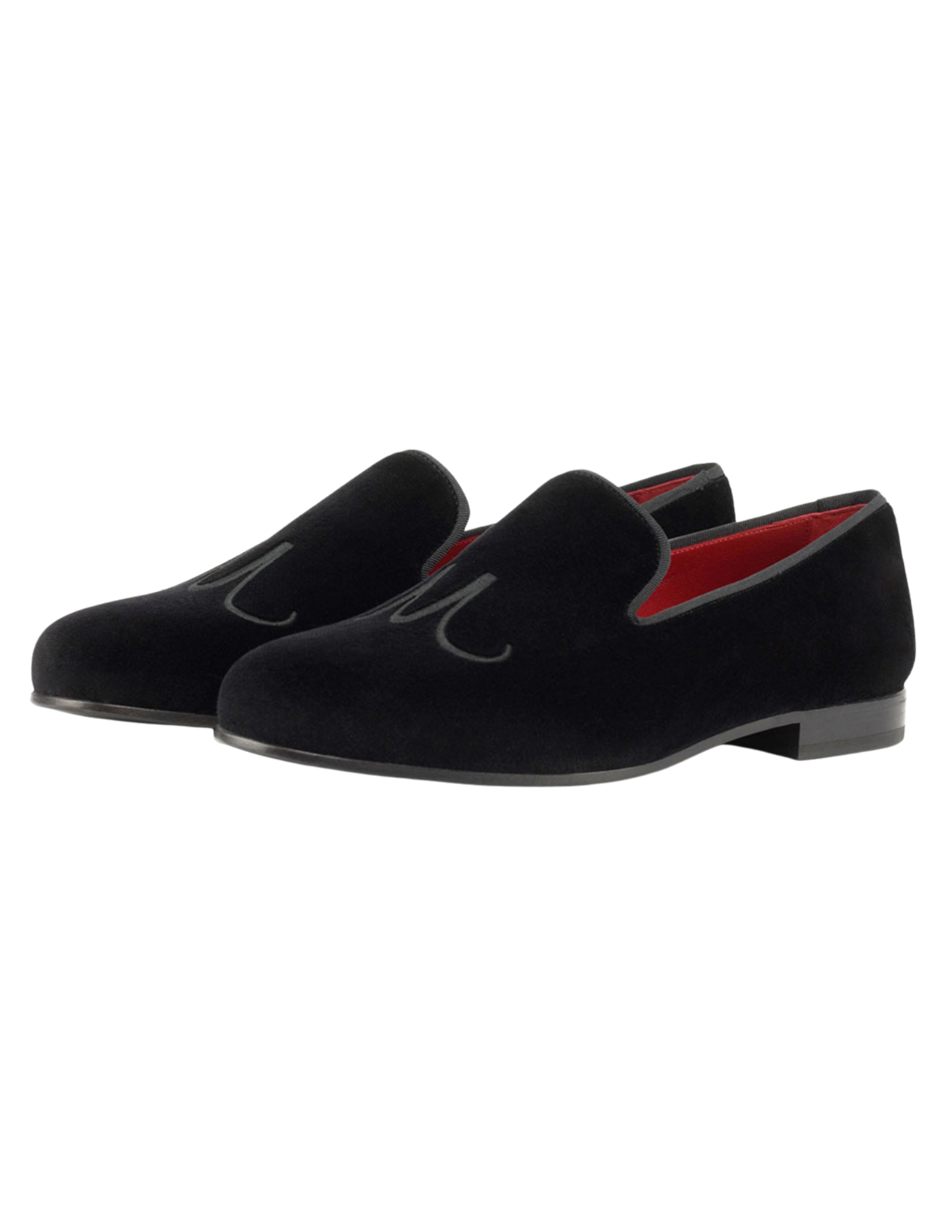 Pair of custom Scarborough black slip-on shoes with red lining and gray accents, placed side by side on a flat surface.