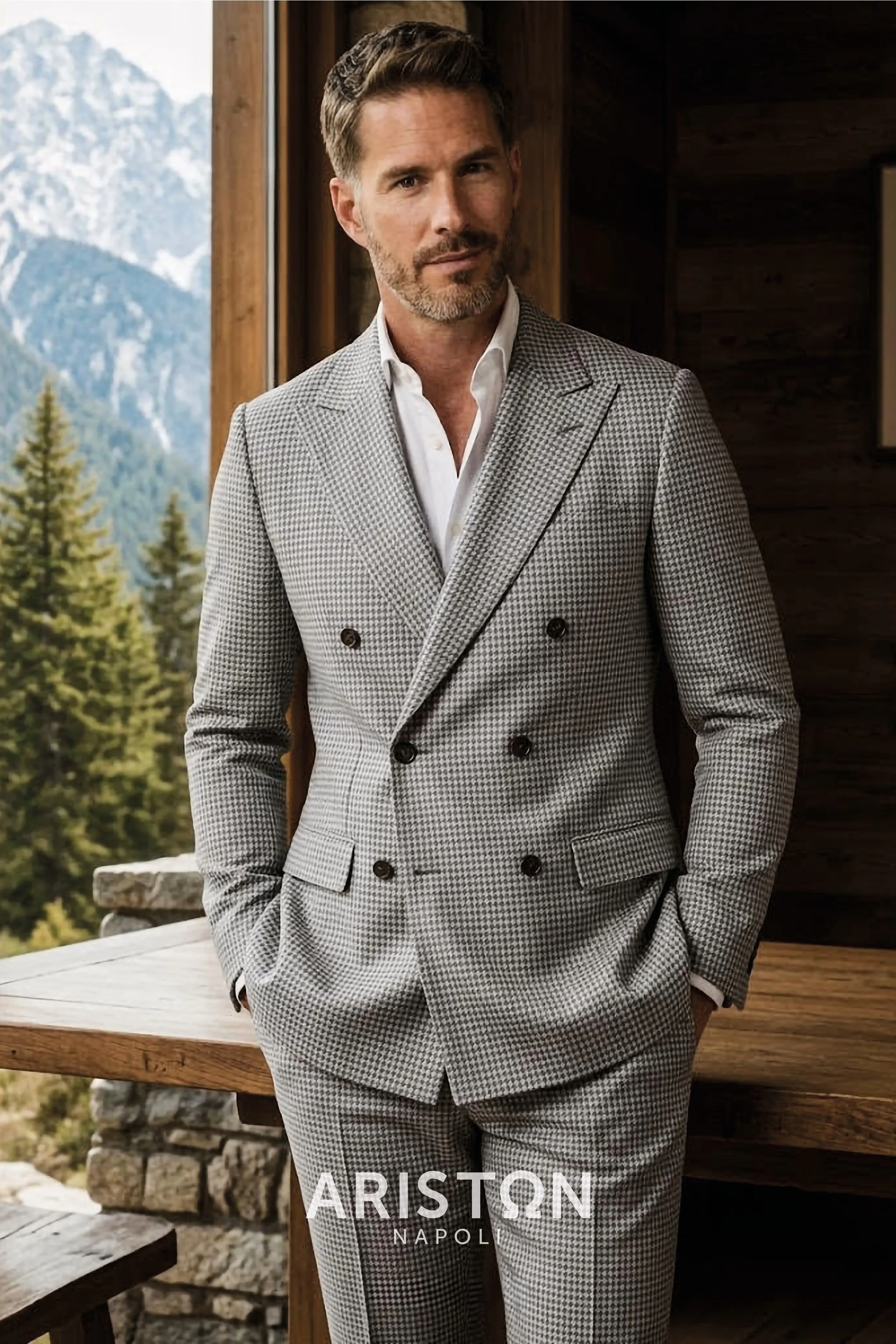 A man in an Ariston gray houndstooth double-breasted suit with a white shirt, standing against a wooden wall near a window with a mountain landscape in the background.