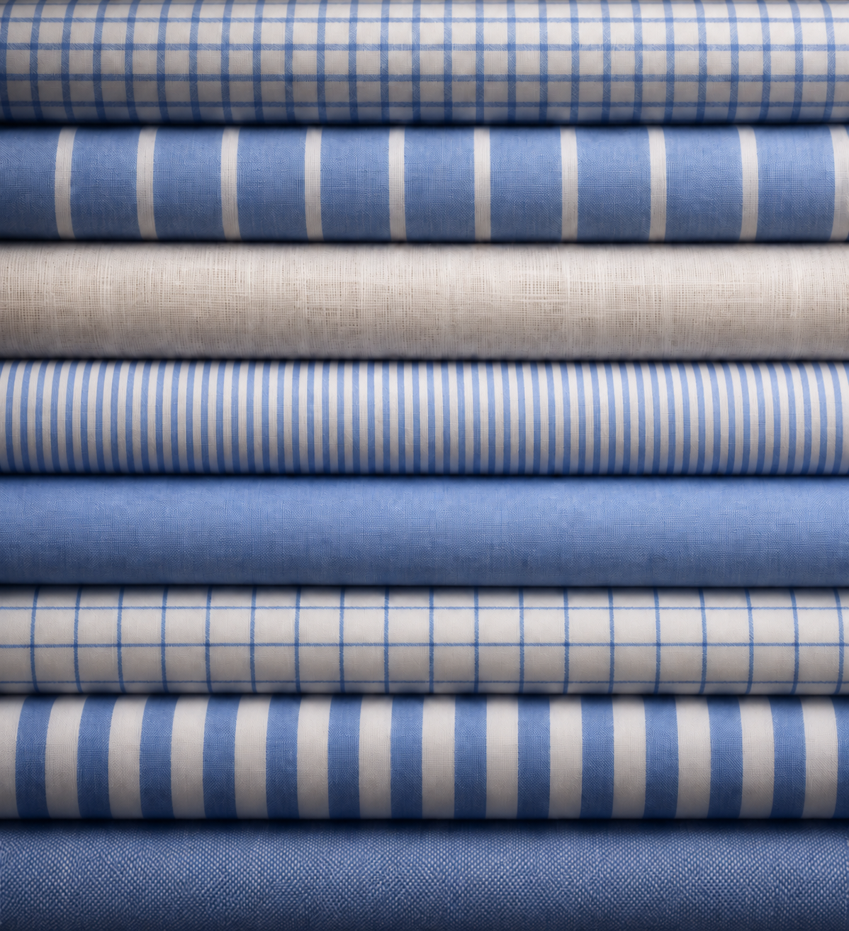 Stacked blue and white checkered, plaid, striped, and textured shirt fabrics.