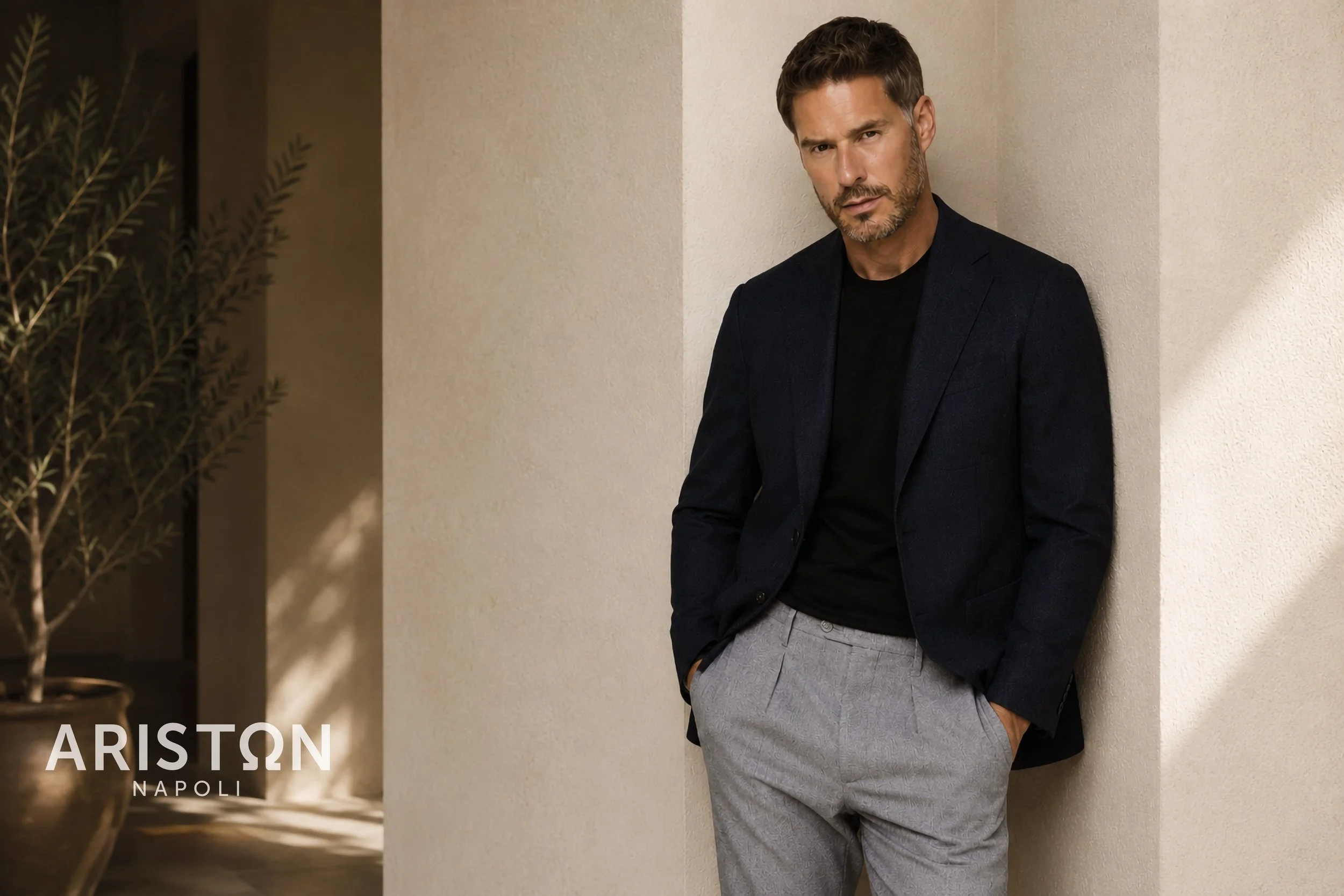 A man wearing an Ariston black blazer and gray pants leaning against a beige wall.