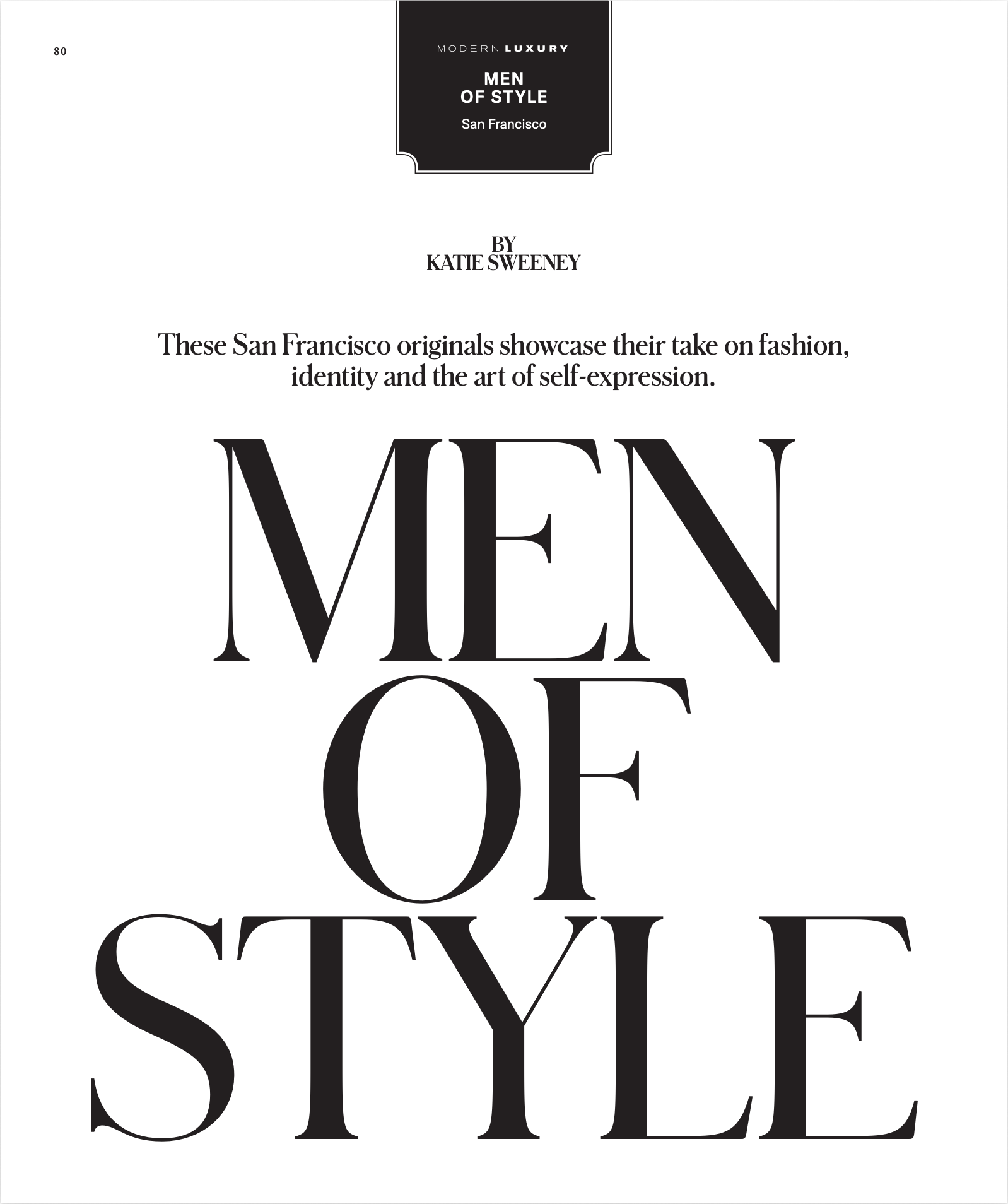 Page from a book or magazine with the title 'Men of Style' in large black text, subtitle 'San Francisco,' and an introductory paragraph about San Francisco originals showcasing fashion, identity, and self-expression.