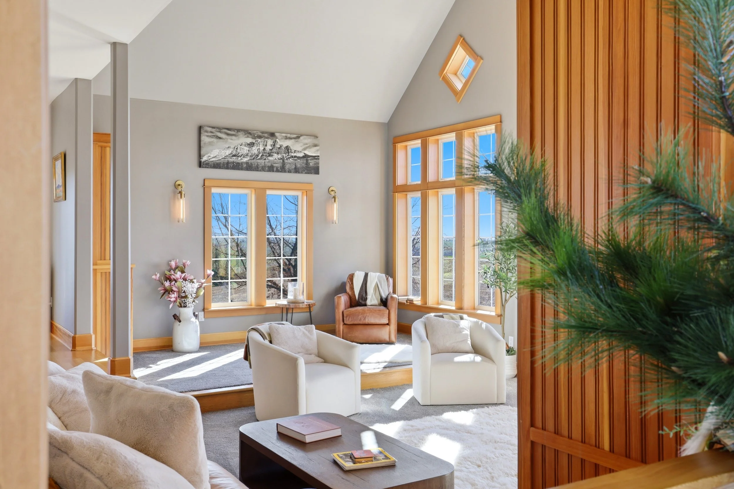 Bright living room with large windows, sofas, armchair, white rug, wooden accents, and potted plants.