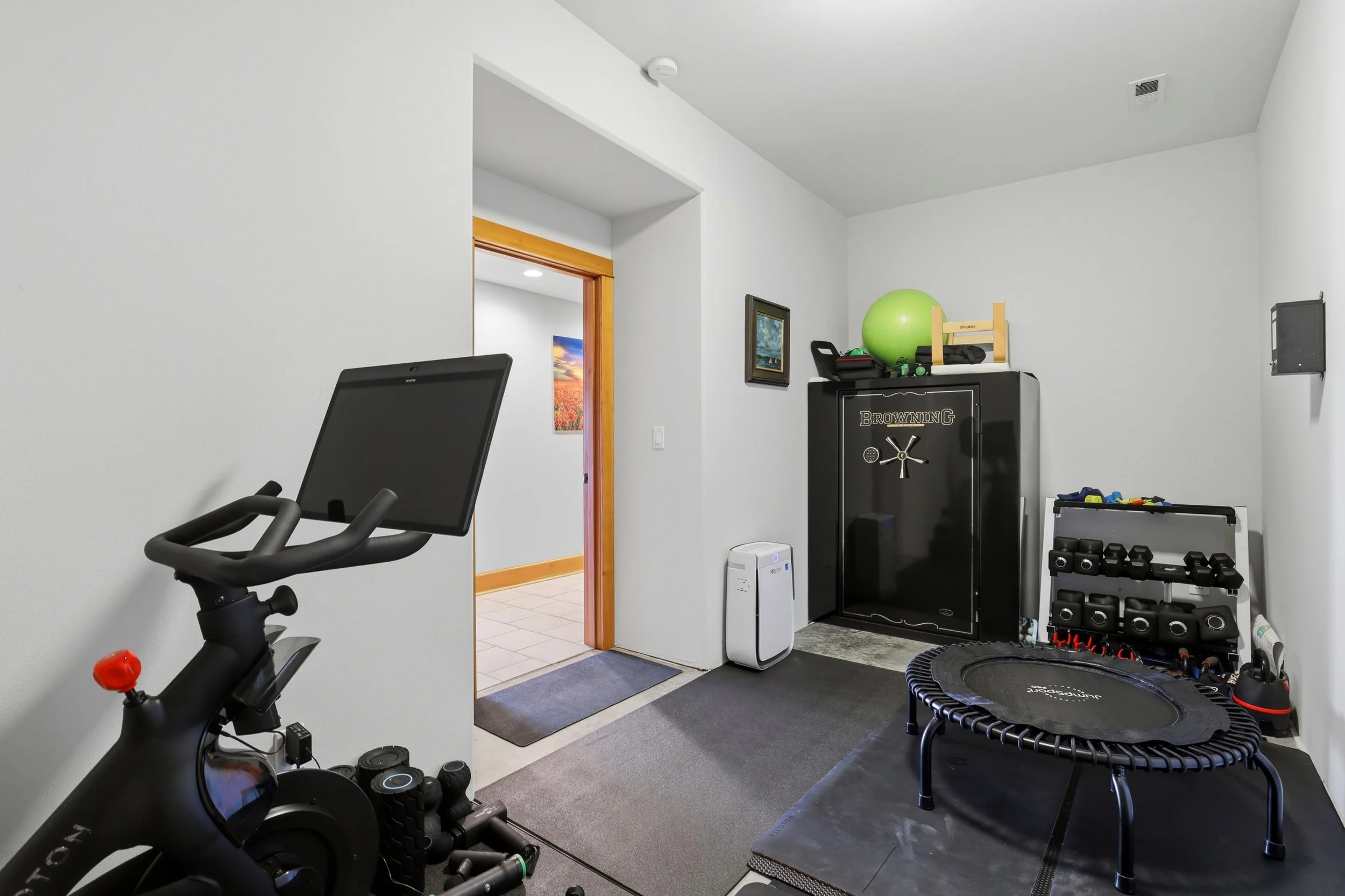 Home gym with exercise equipment including a stationary bike, a rebounder, a safe, a weight rack with dumbbells, and a green exercise ball.