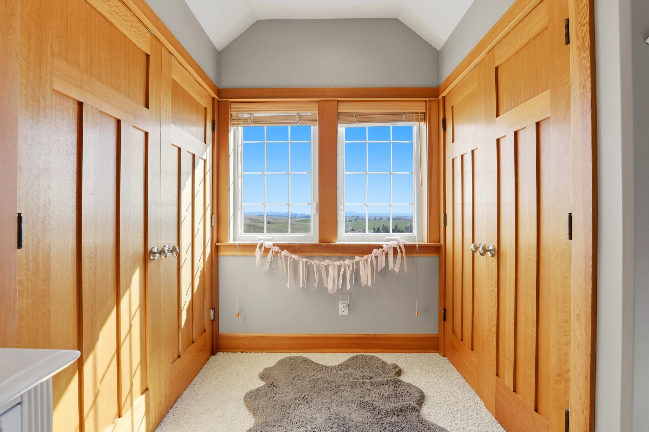 A cozy room with cream-colored carpet and a small plush gray rug, wooden doors on both sides, and a large window with views of green fields and blue sky outside.