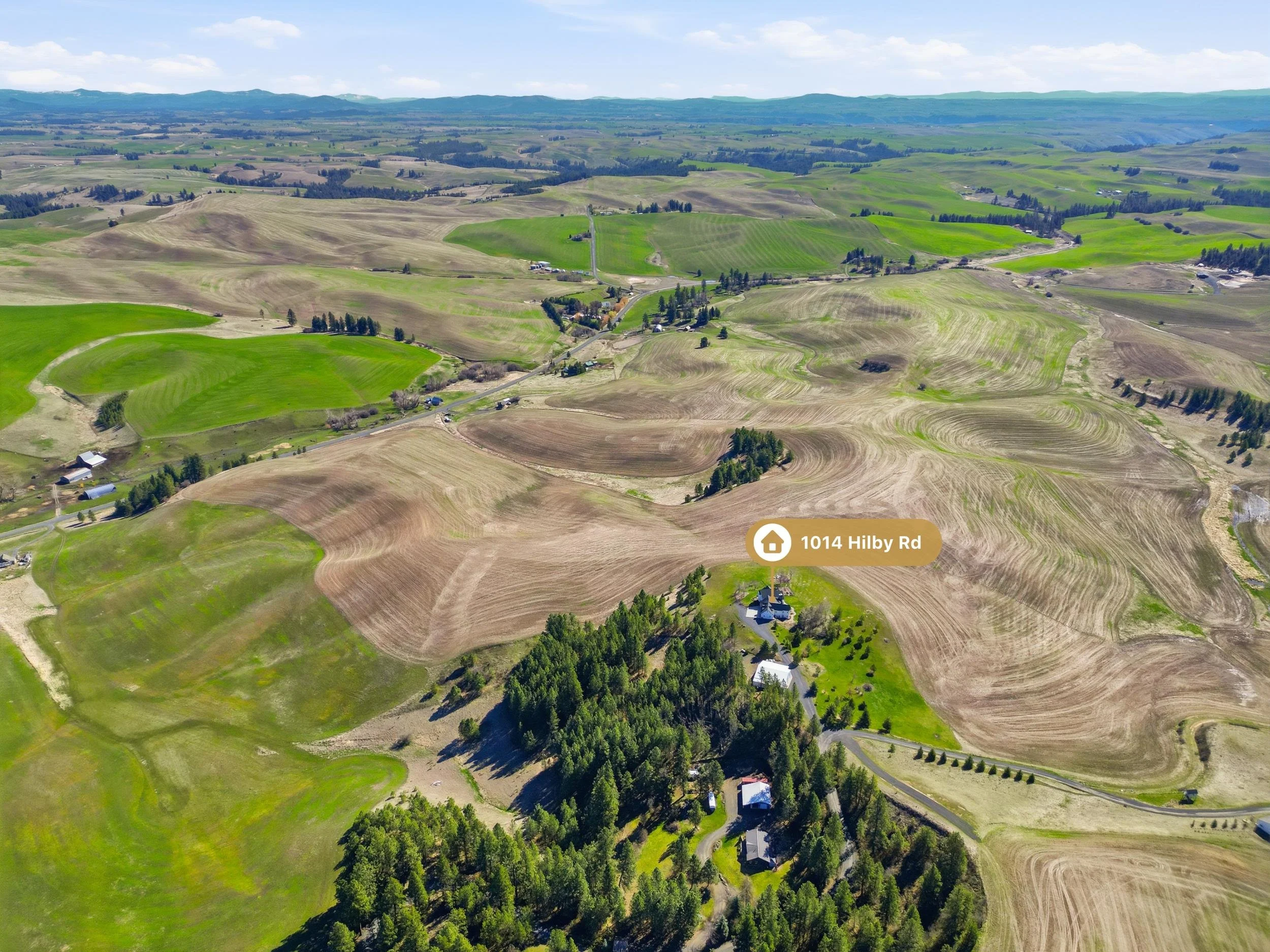 Aerial view of lush green and brown rolling hills and farmland with scattered houses, trees, and a distant mountain range under a partly cloudy sky.