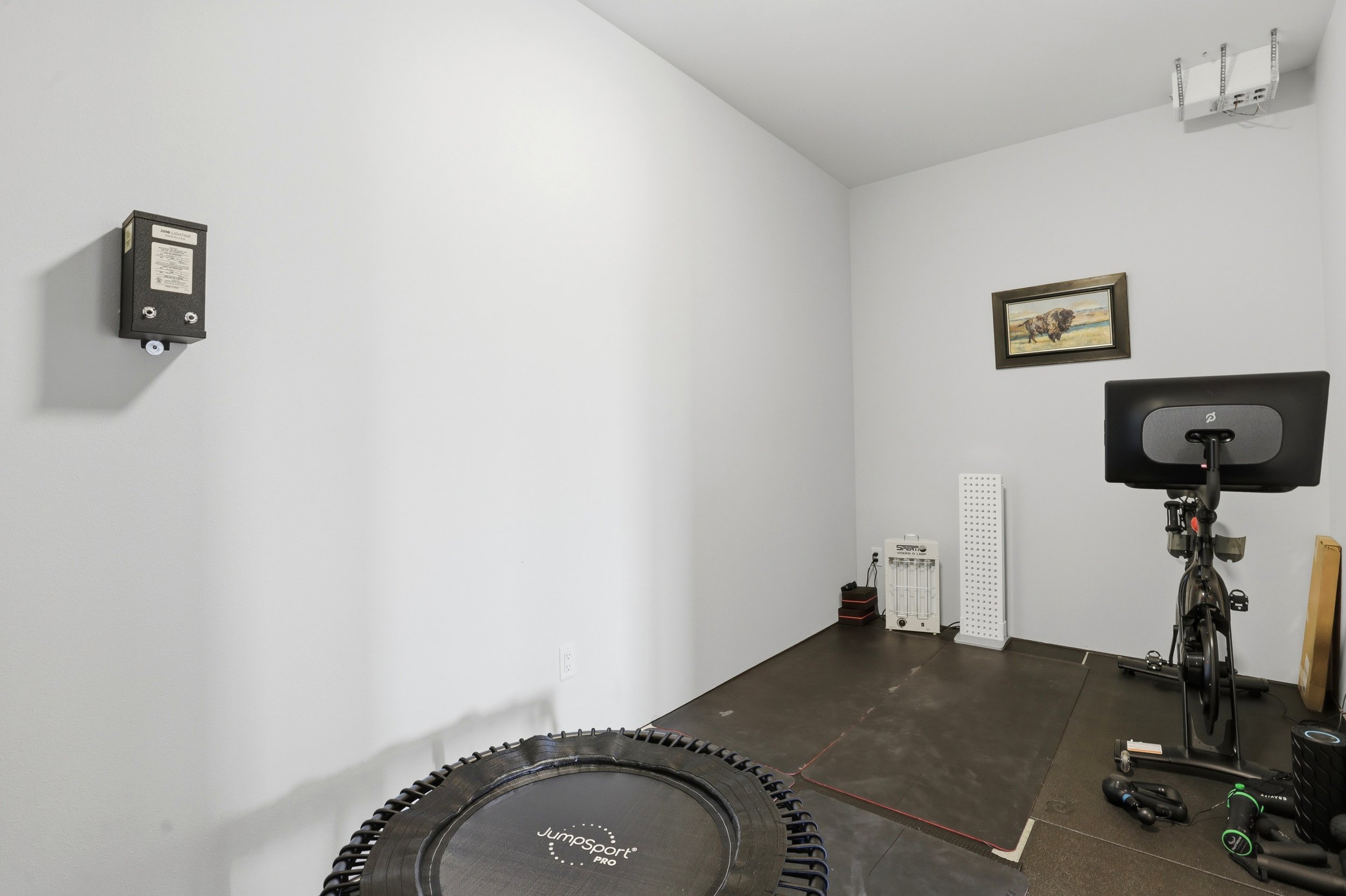 A small gym or workout room with white walls and black flooring. Equipment visible includes a mini trampoline, a bicycle, a monitor, a white radiator, and a framed picture of bison on the wall. There is some equipment on the floor and a small box, wi