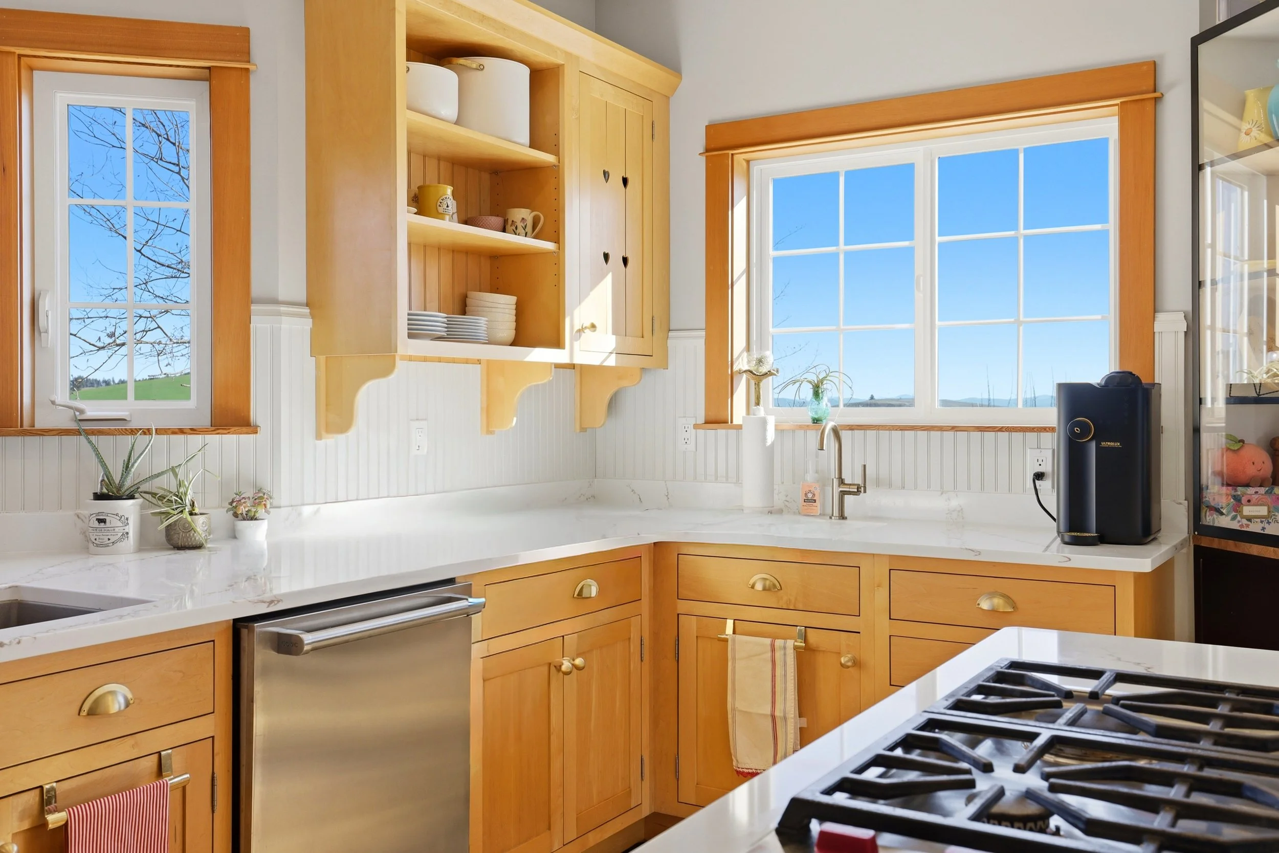 Bright kitchen with large windows, wooden cabinets, a marble countertop, plants, and a coffee maker.
