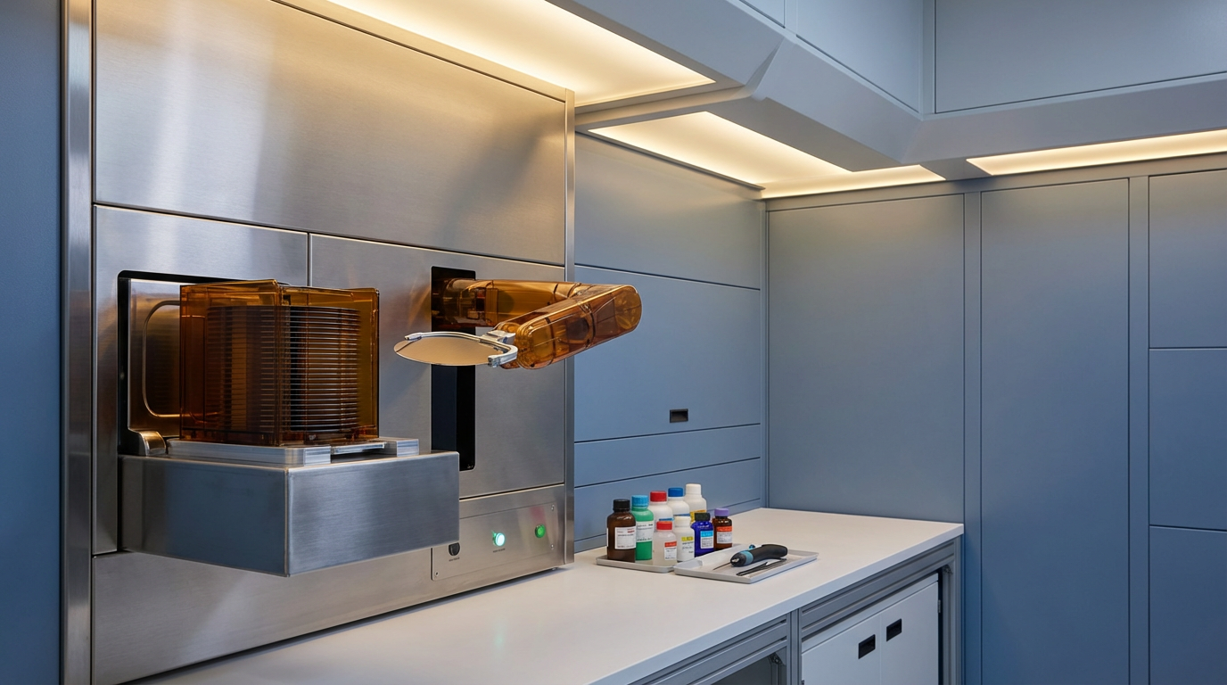 A laboratory with a closed large machine on the left and bottles of chemicals, a security scanner, and other small items on a white countertop on the right.