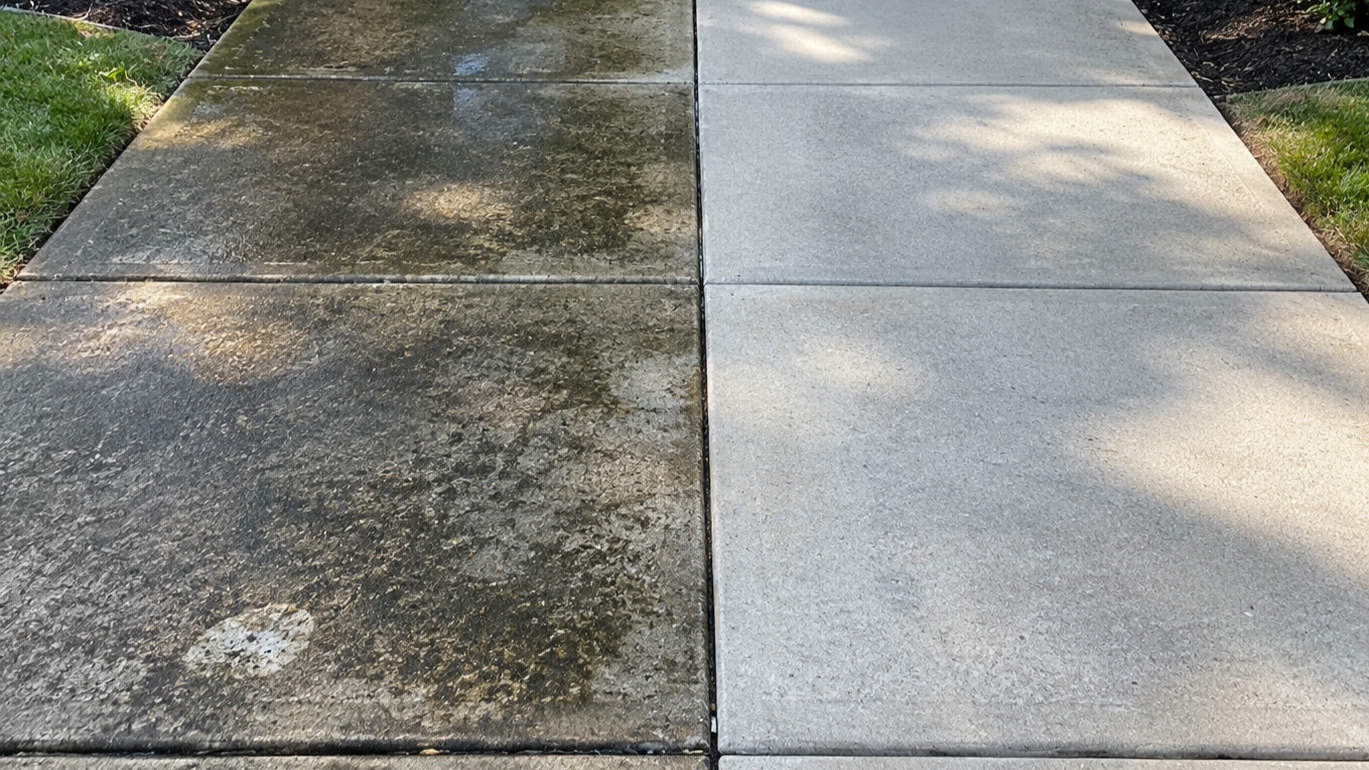 Sidewalk with one half clean and the other half dirty or stained, with grass on either side.