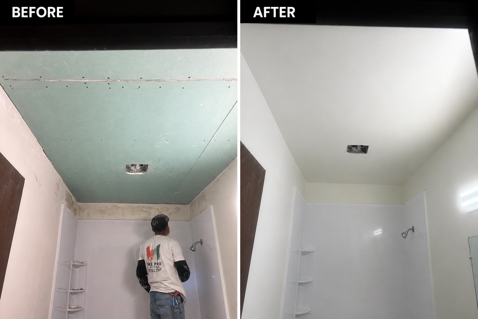 Before and after photos of a ceiling renovation in a bathroom, showing removed old green drywall and installed new white ceiling drywall.