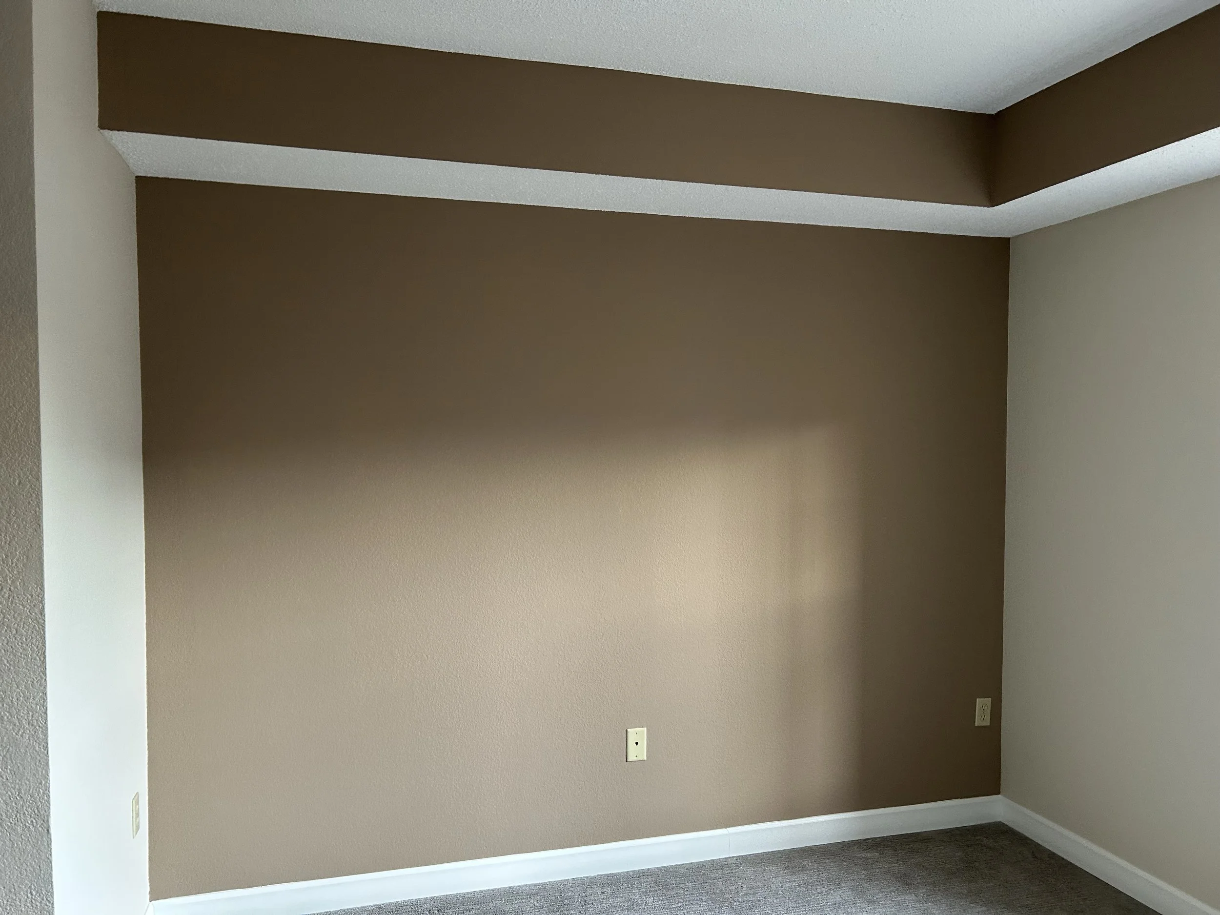 Empty room with beige walls, white baseboards, and a brown accent wall. There are electrical outlets on the walls and carpet flooring.