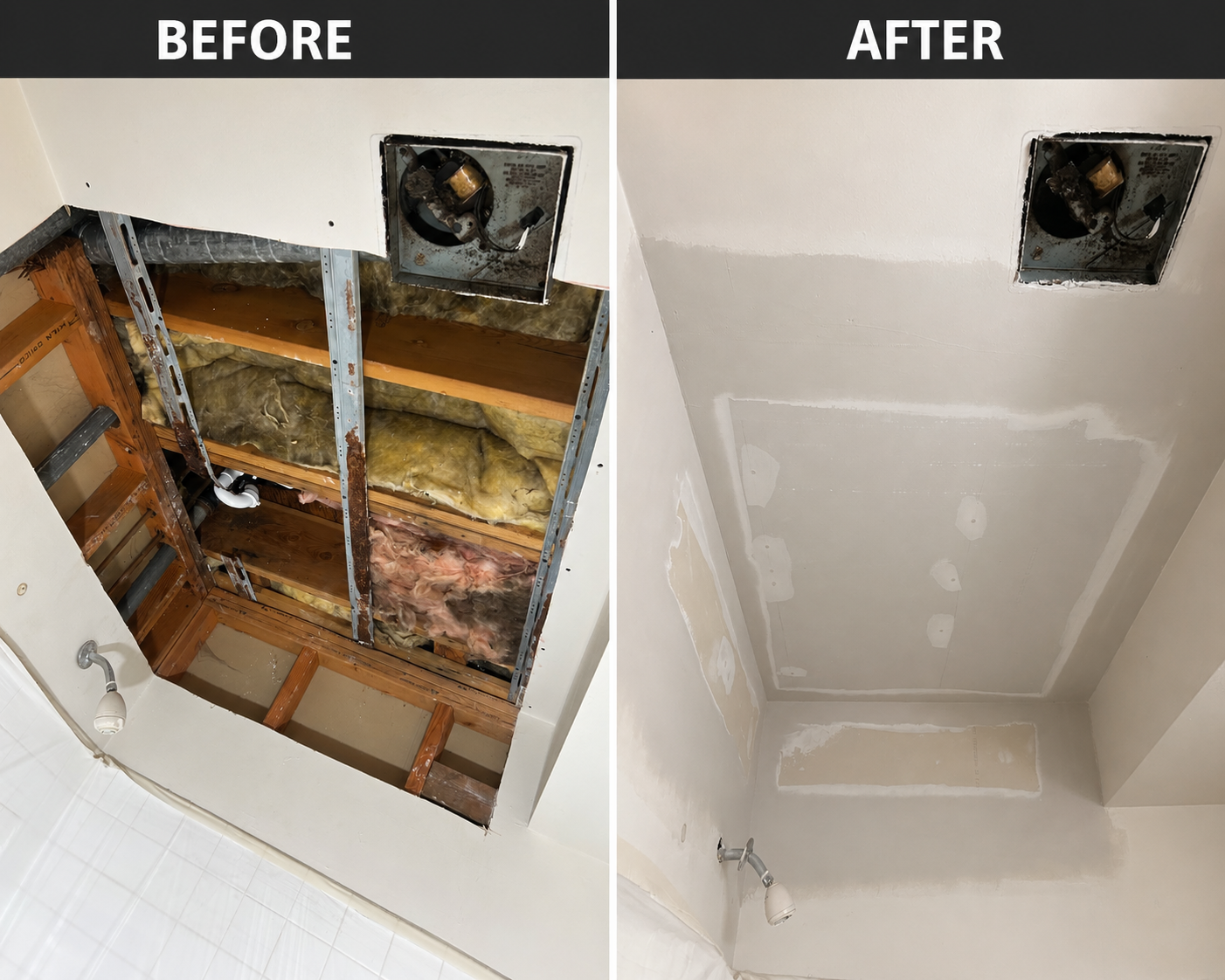 Side-by-side images showing a bathroom ceiling before and after renovation. The 'before' image displays a ceiling with missing drywall, exposed wooden beams, insulation, and wiring. The 'after' image shows the same ceiling covered with fresh drywall,