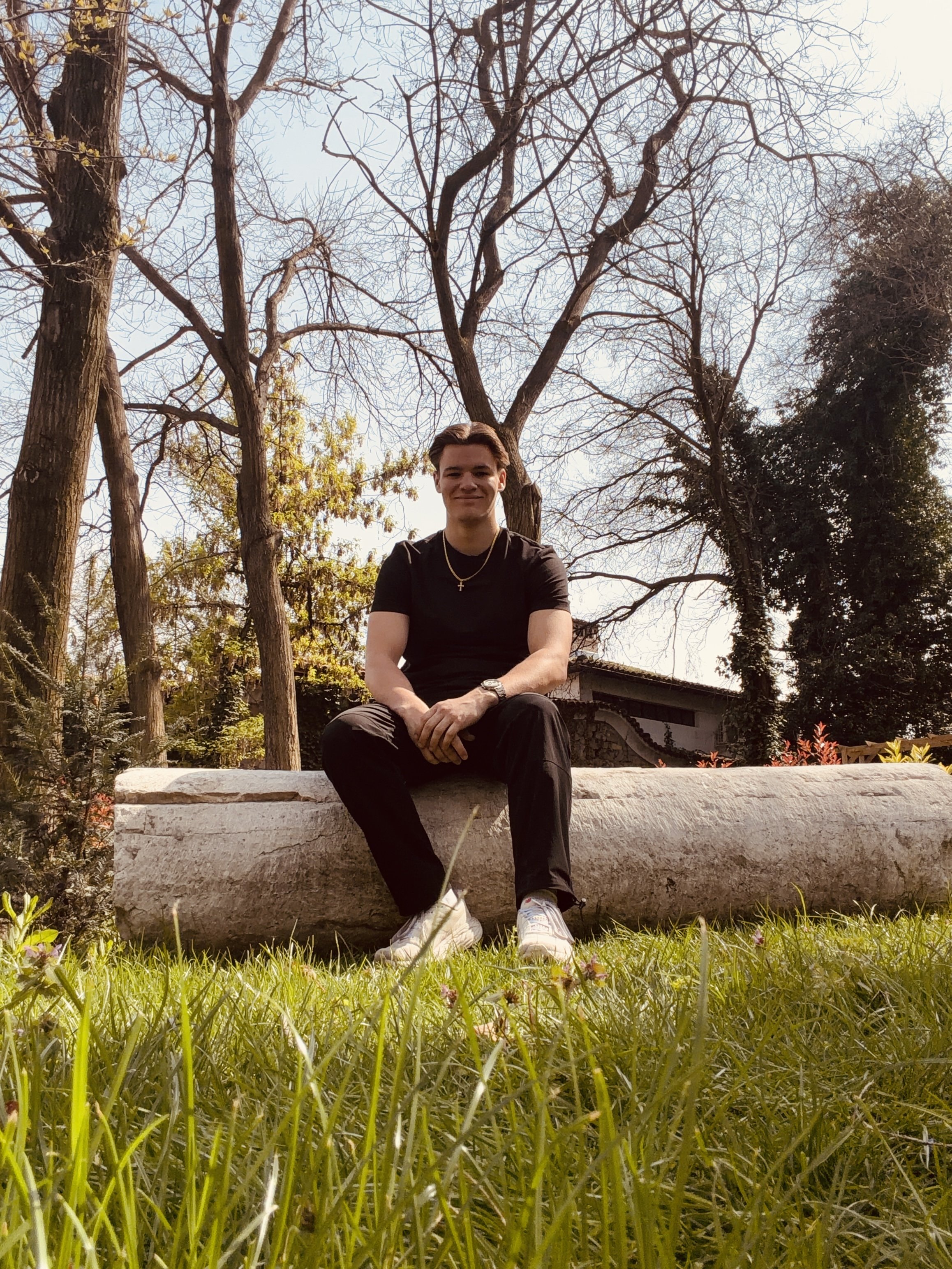 A young man with dark hair sitting on a stone log in a park with grass, trees, and a building in the background on a sunny day.