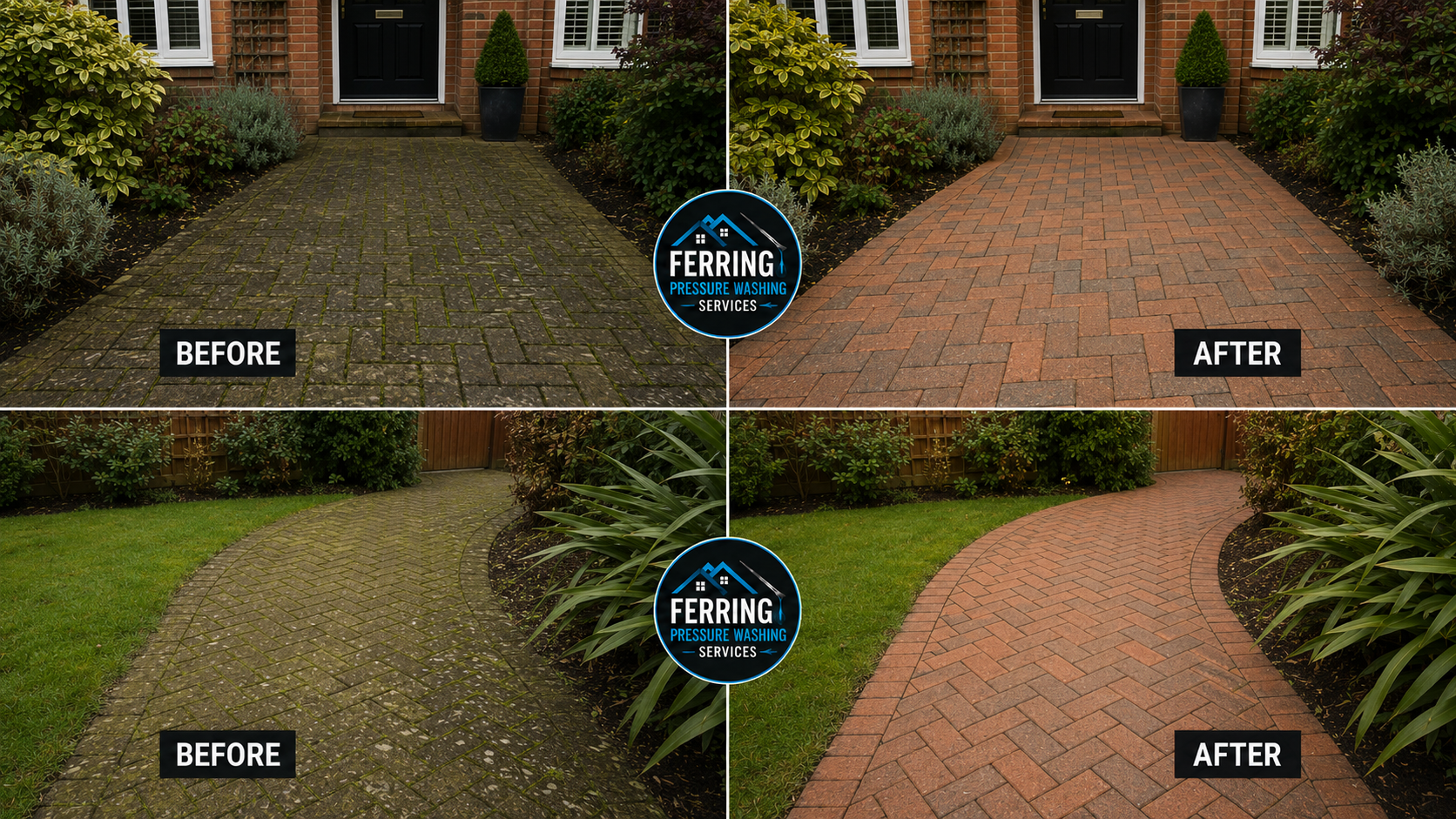 Comparison of outdoor pathways before and after pressure washing: the top left shows a dirty, mossy brick driveway labeled 'BEFORE,' and the top right shows a clean, reddish brick driveway labeled 'AFTER.' The bottom left shows a mossy, dirty paved p
