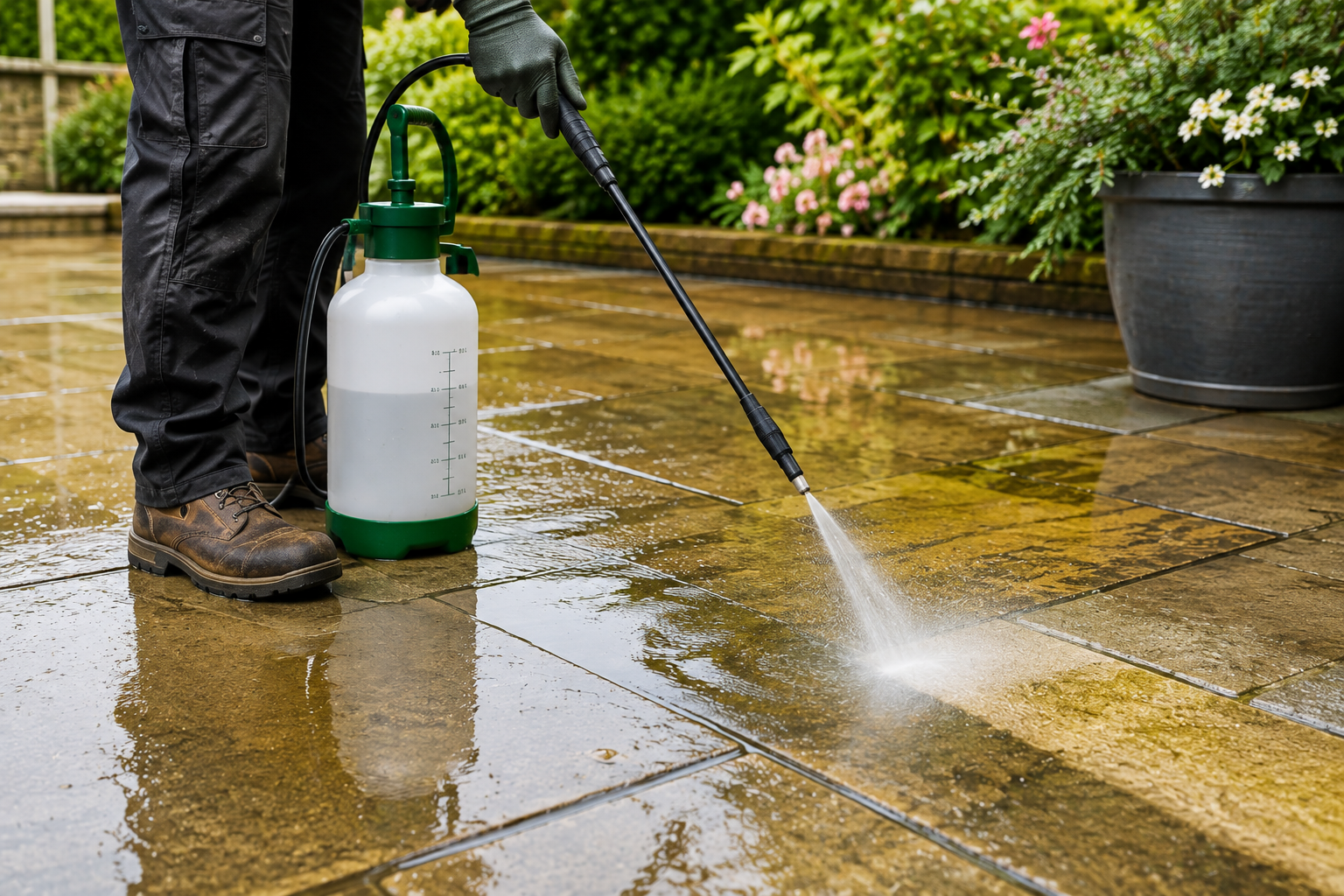 Patio treatment being applied to remove algae and organic growth