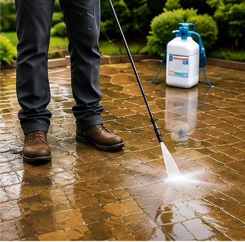 Chemical treatment being applied to an algae-covered patio