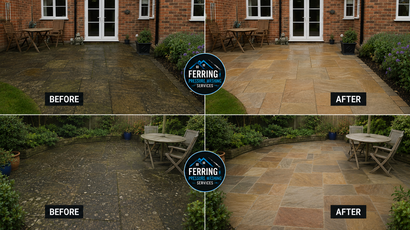 Comparison of before and after pressure washing of outdoor patio areas. The top left shows an old, dirty stone patio before cleaning, and the top right displays a clean, stained stone patio after pressure washing. The bottom left depicts an unclean, 