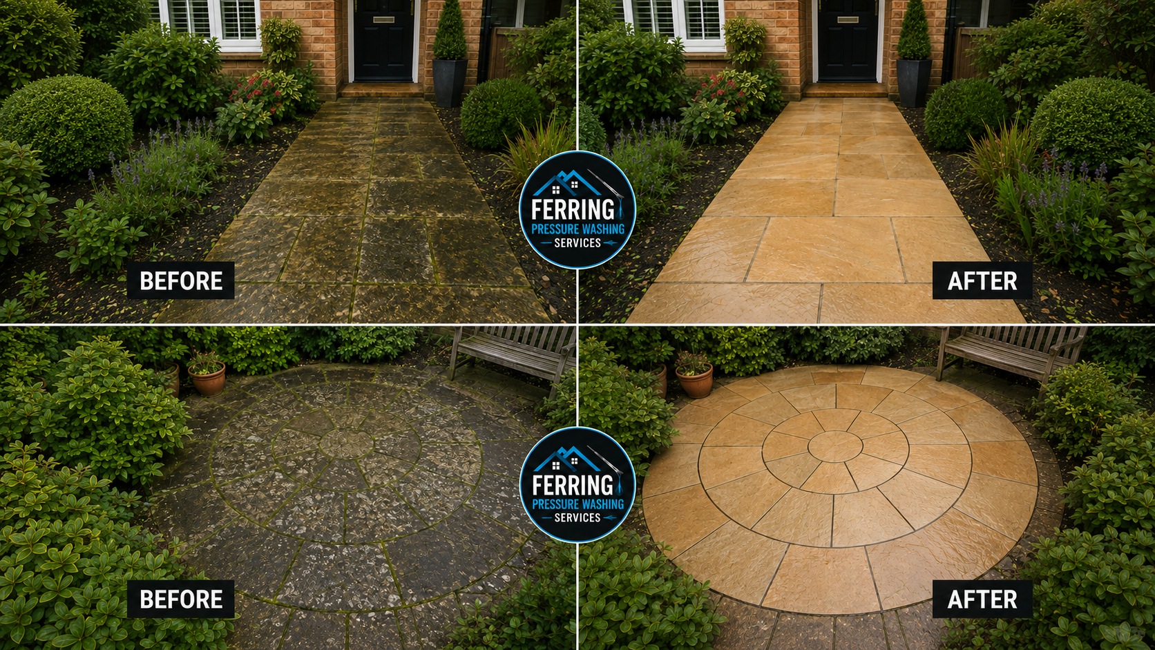 Two comparison images of a front walkway before and after pressure washing. The top images show a rectangular stone walkway, dirty and stained in the 'before' photo, and clean and bright in the 'after' photo. The bottom images display a circular ston