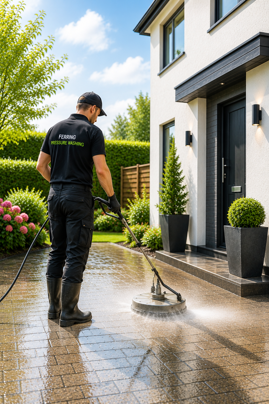 Ferring Pressure Washing cleaning a residential driveway with a surface cleaner