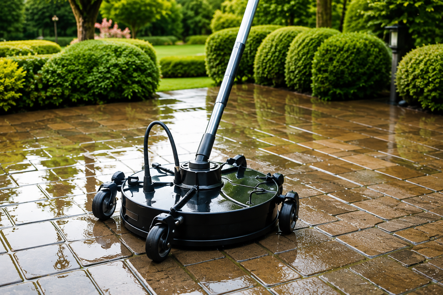 Patio being pressure washed with a professional surface cleaner