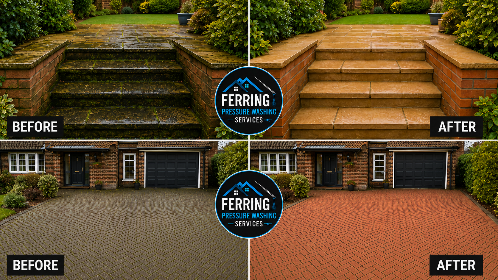 A side-by-side comparison of before and after pressure washing services on exterior house surfaces. The top shows a set of wet, stained steps compared to clean, dry steps. The bottom shows a driveway with stained pavement compared to a clean, red-bri