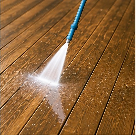 Wooden decking being professionally pressure washed