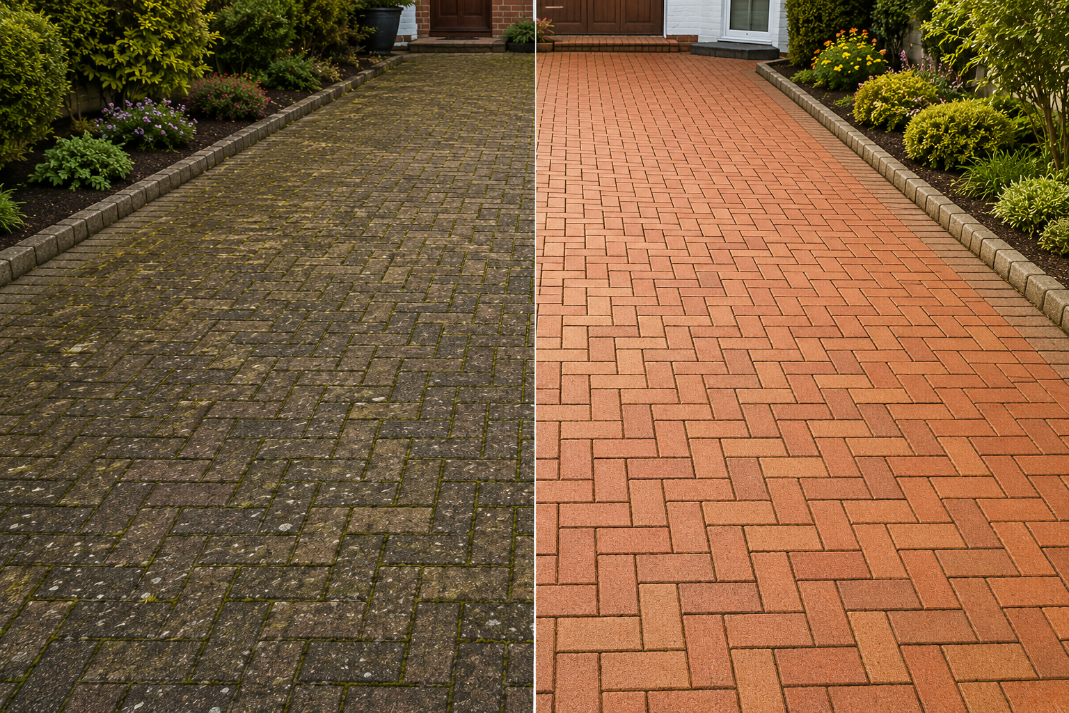 Block-paved driveway before and after professional pressure washing