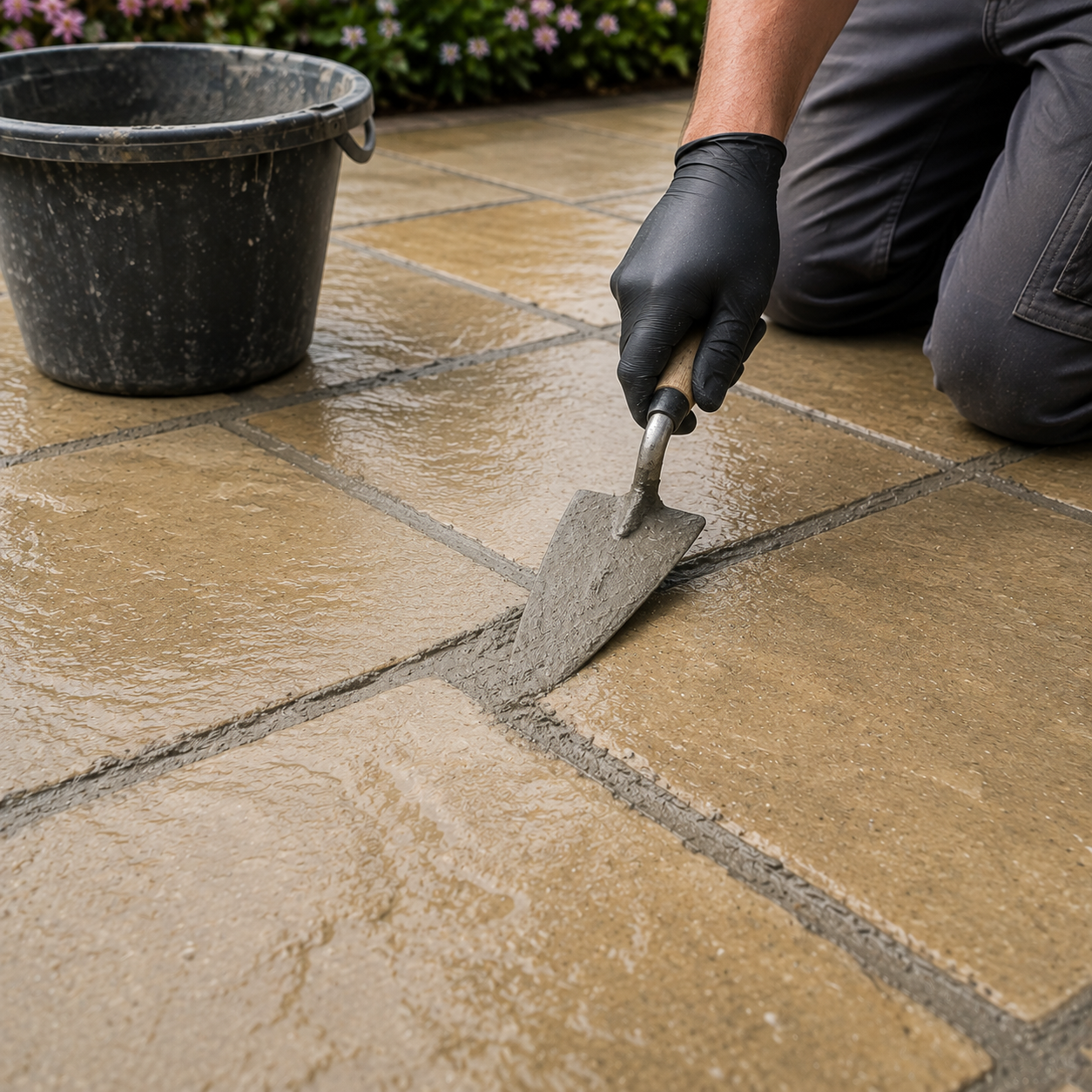 Patio joints being professionally repointed with a trowel