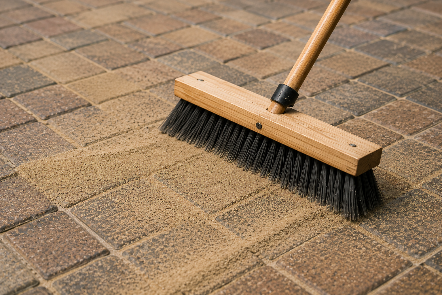 Kiln-dried sand being brushed into block-paving joints