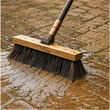 Kiln-dried sand being brushed into block-paving joints