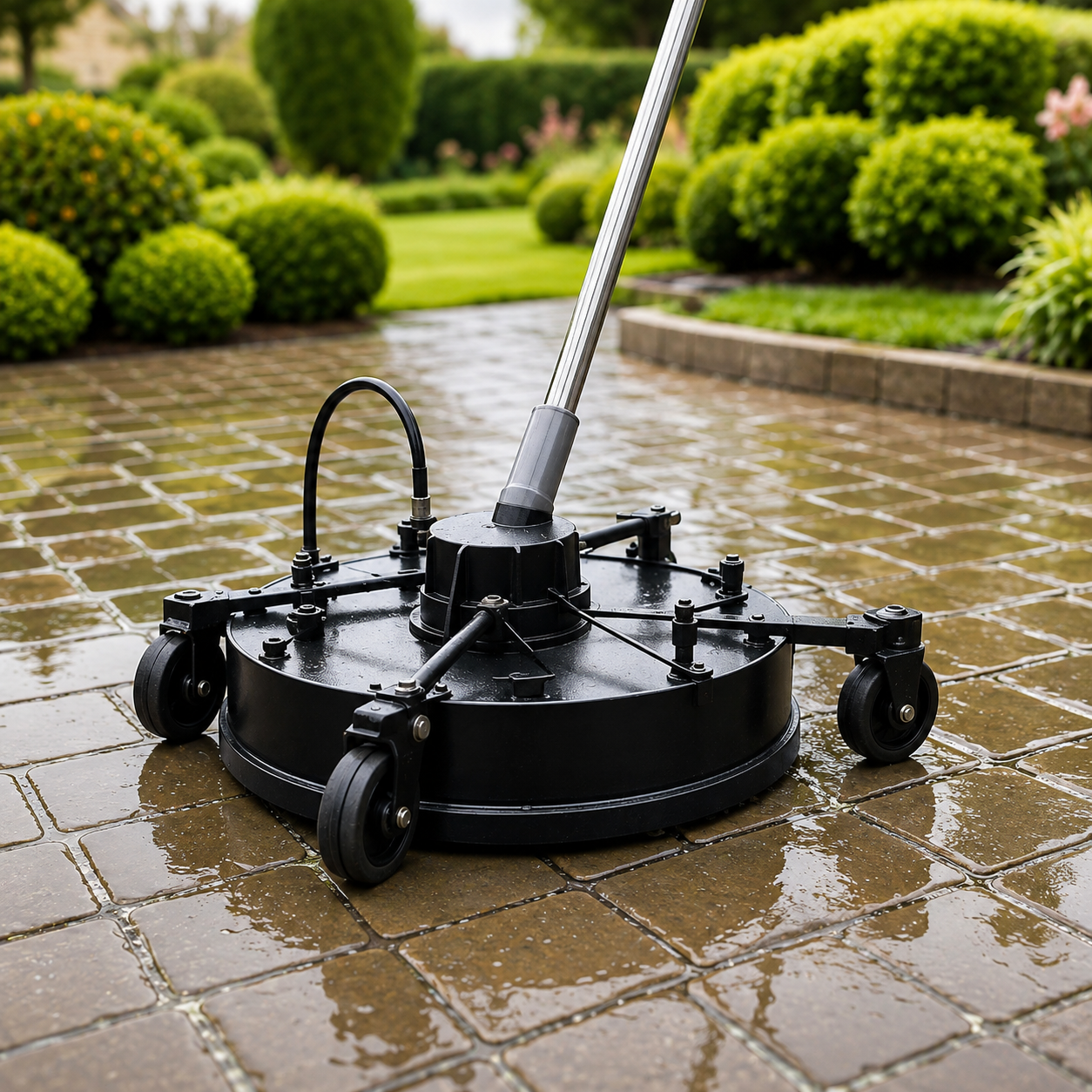Patio being pressure washed with a professional surface cleaner