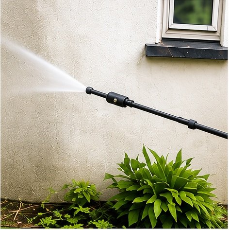 Exterior wall being safely cleaned with a pressure washer