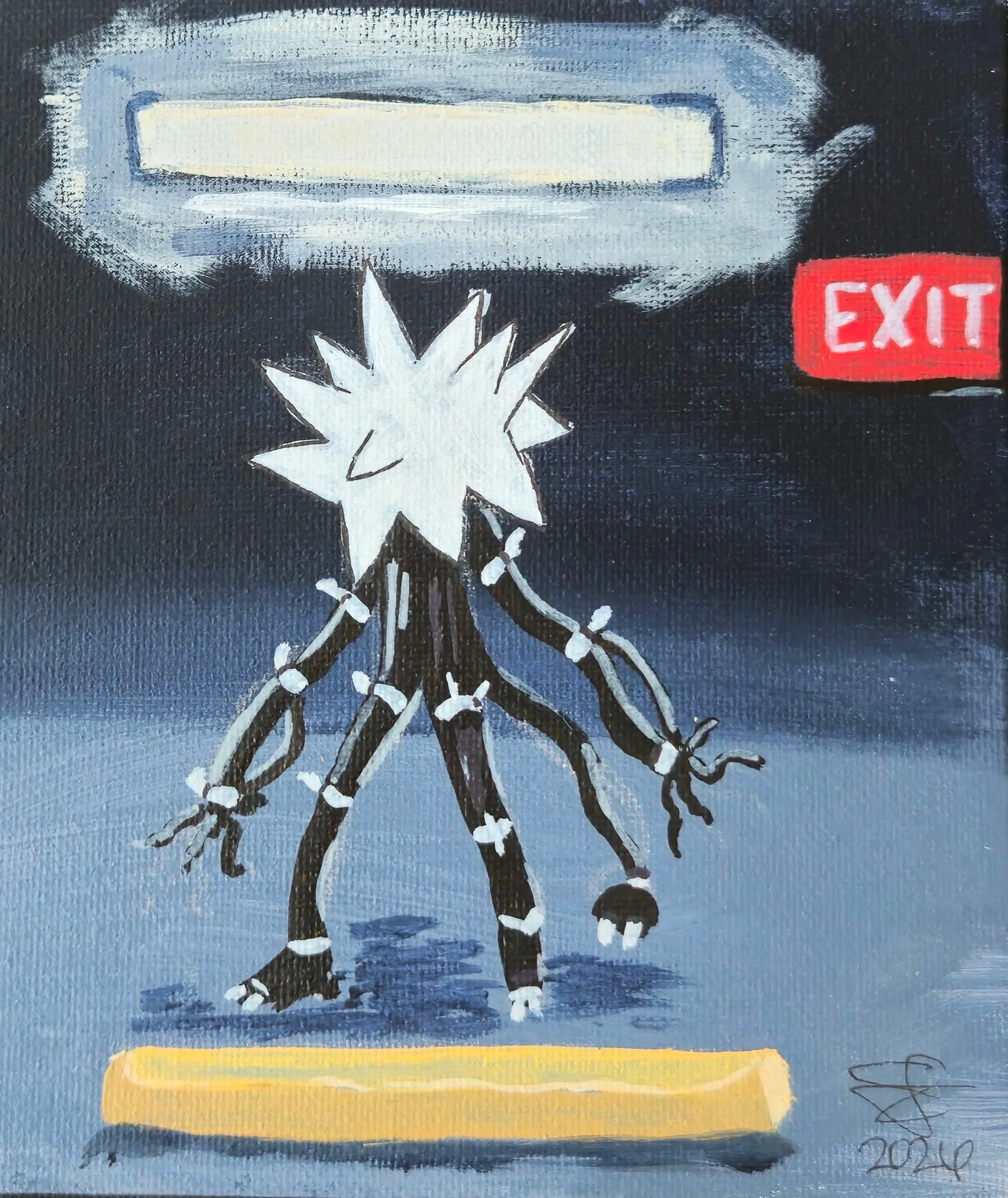 Artwork of a giraffe with white and black spots, standing beneath speech bubbles, a red exit sign, and a yellow rectangle, with a blue background and signature 'Dion 2020' at bottom right.