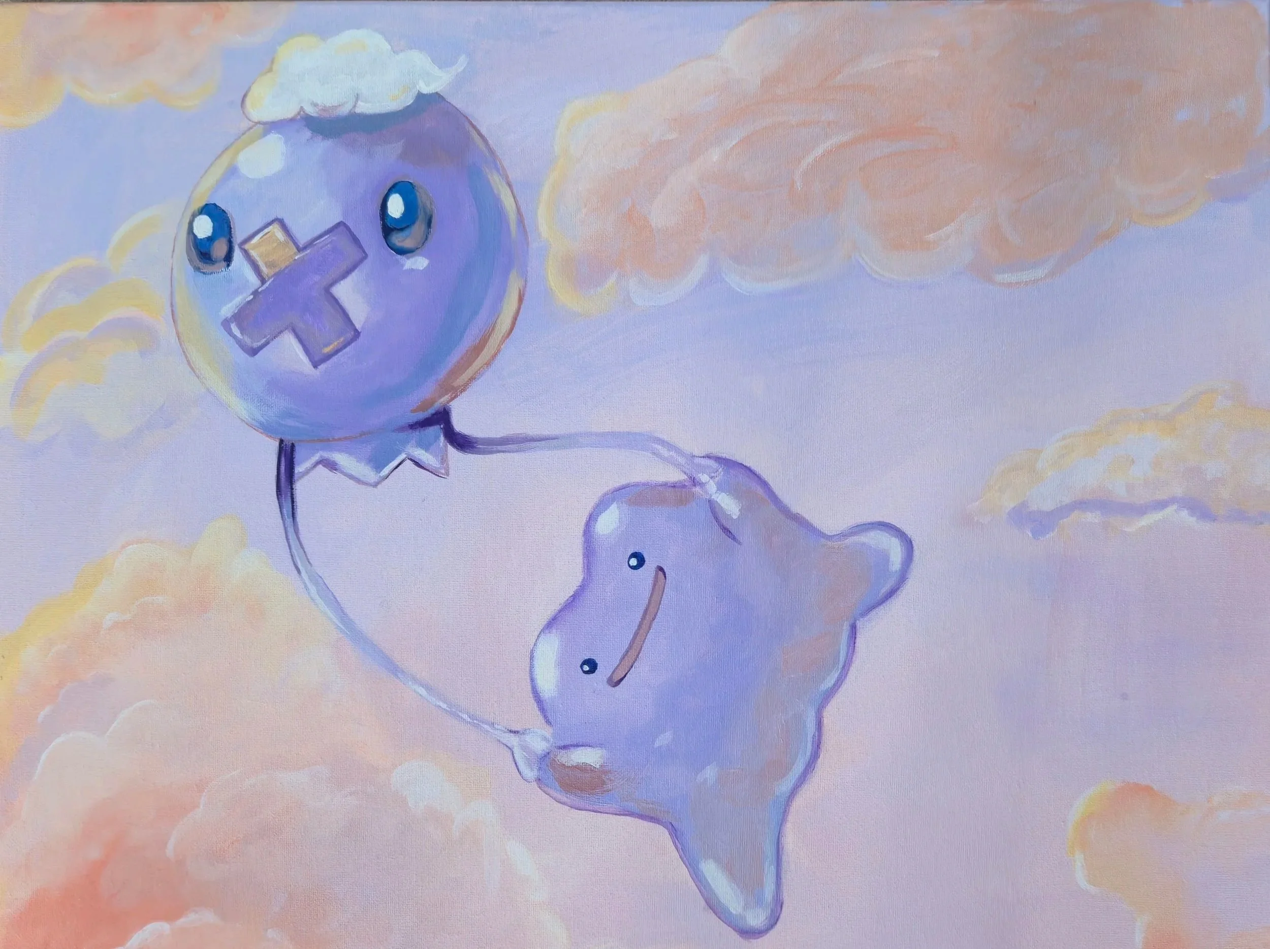 Painted illustration of a cute, purple, spherical creature with large eyes, a cross-shaped mark on its face, and cloud-like shapes in the background.