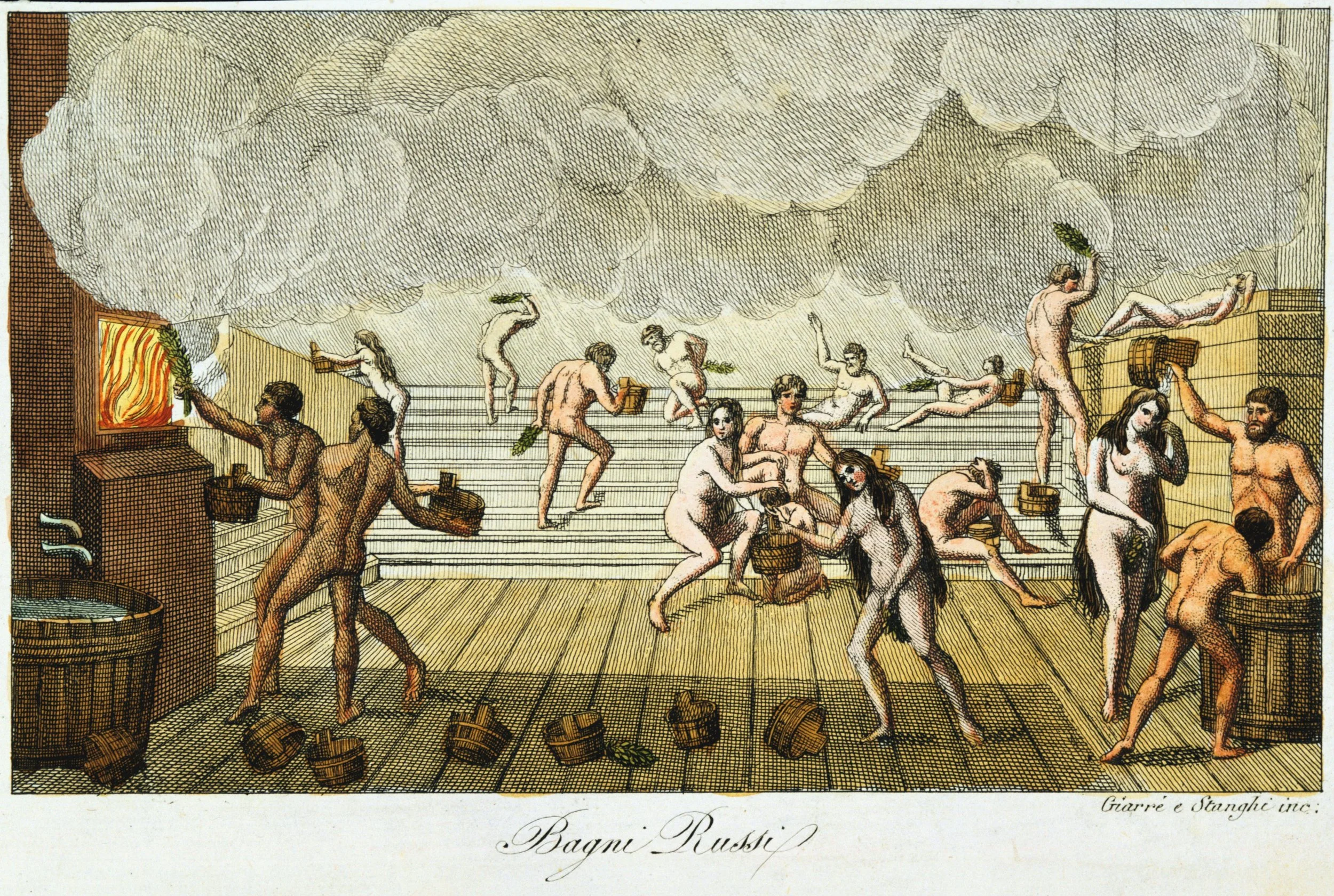 Drawing of peopl using vihta, also known as vasta, in a sauna around medieval time. Dudes throwing löyly. Women with water. People smacking eachother with vasta's in upper benches. Naked people.