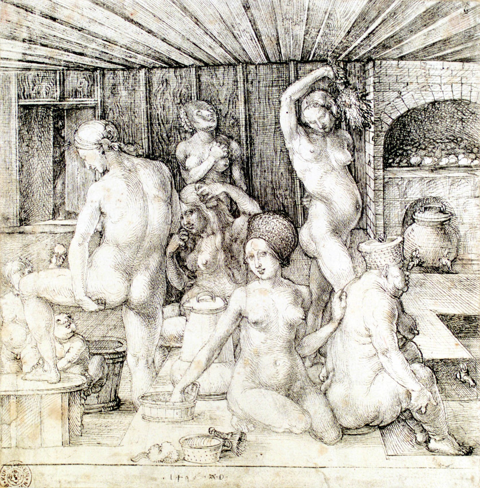 An old black-and-white sketch depicting a kitchen scene with naked women, some with their backs to the viewer, in a rustic setting. The women are engaged in an activity involving buckets, with one woman lifting a bundle of herbs or flowers. There are kitchen elements such as a large pot, a shelf, and a brick oven in the background.