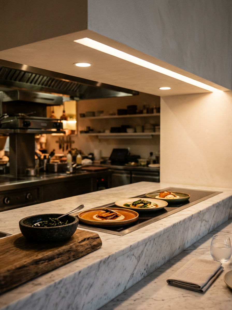 A marble countertop with four small plates of food, a bowl of greens, a glass of water, a cloth napkin, and a kitchen in the background.