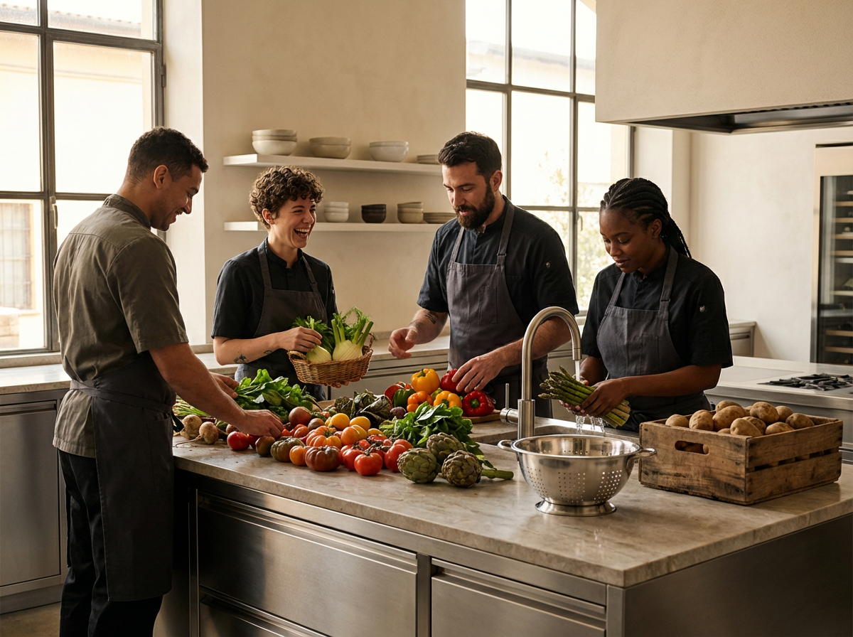Four people in chef uniforms preparing vegetables in a bright, modern kitchen with large windows, countertop, and open shelves.