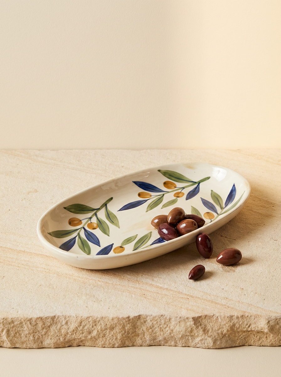 A white ceramic dish with a painted olive branch design, holding brown olives on a cork mat, against a neutral background.