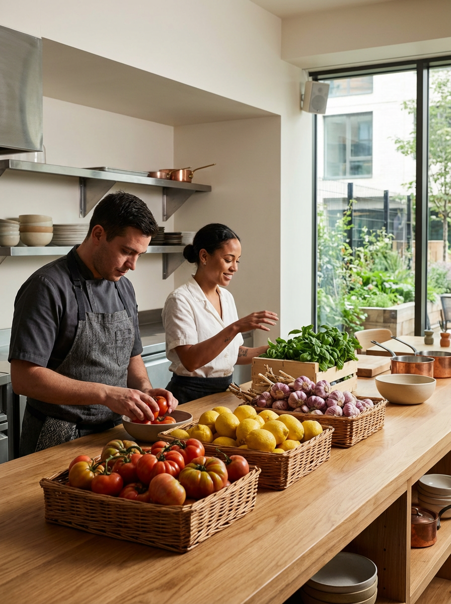 Two people preparing vegetables at a wooden kitchen counter, with baskets of tomatoes, lemons, and garlic, and fresh green herbs, in a modern kitchen with large windows.