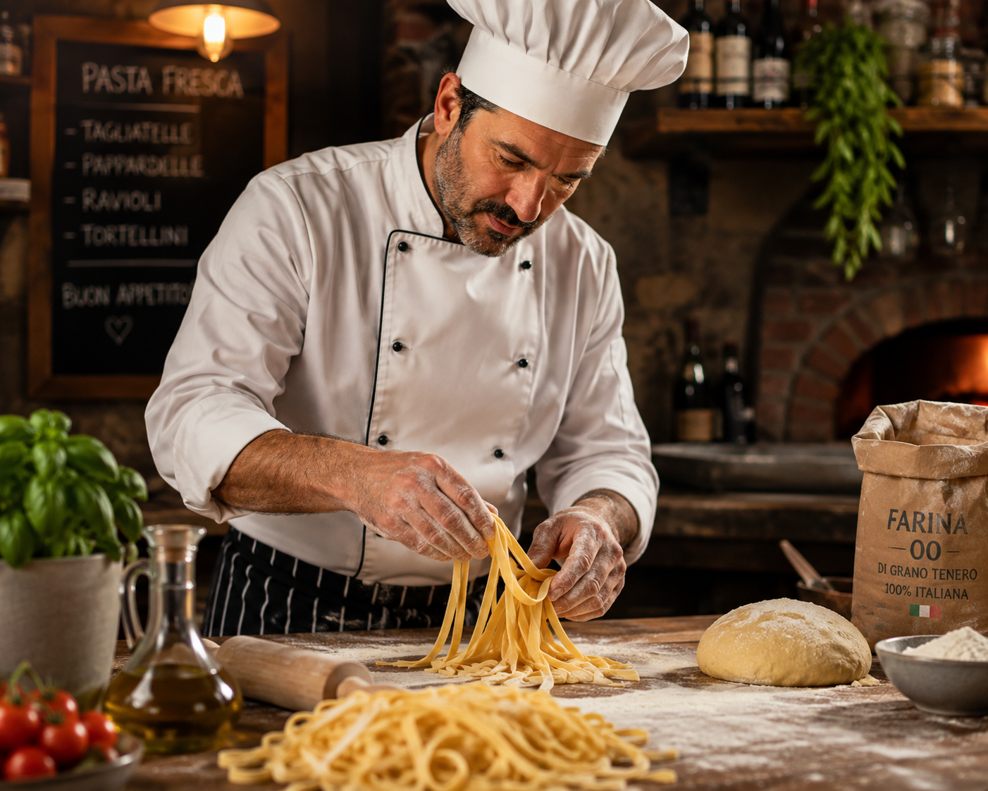 A chef in a white uniform and hat preparing fresh pasta in a rustic kitchen with a chalkboard menu in the background.
