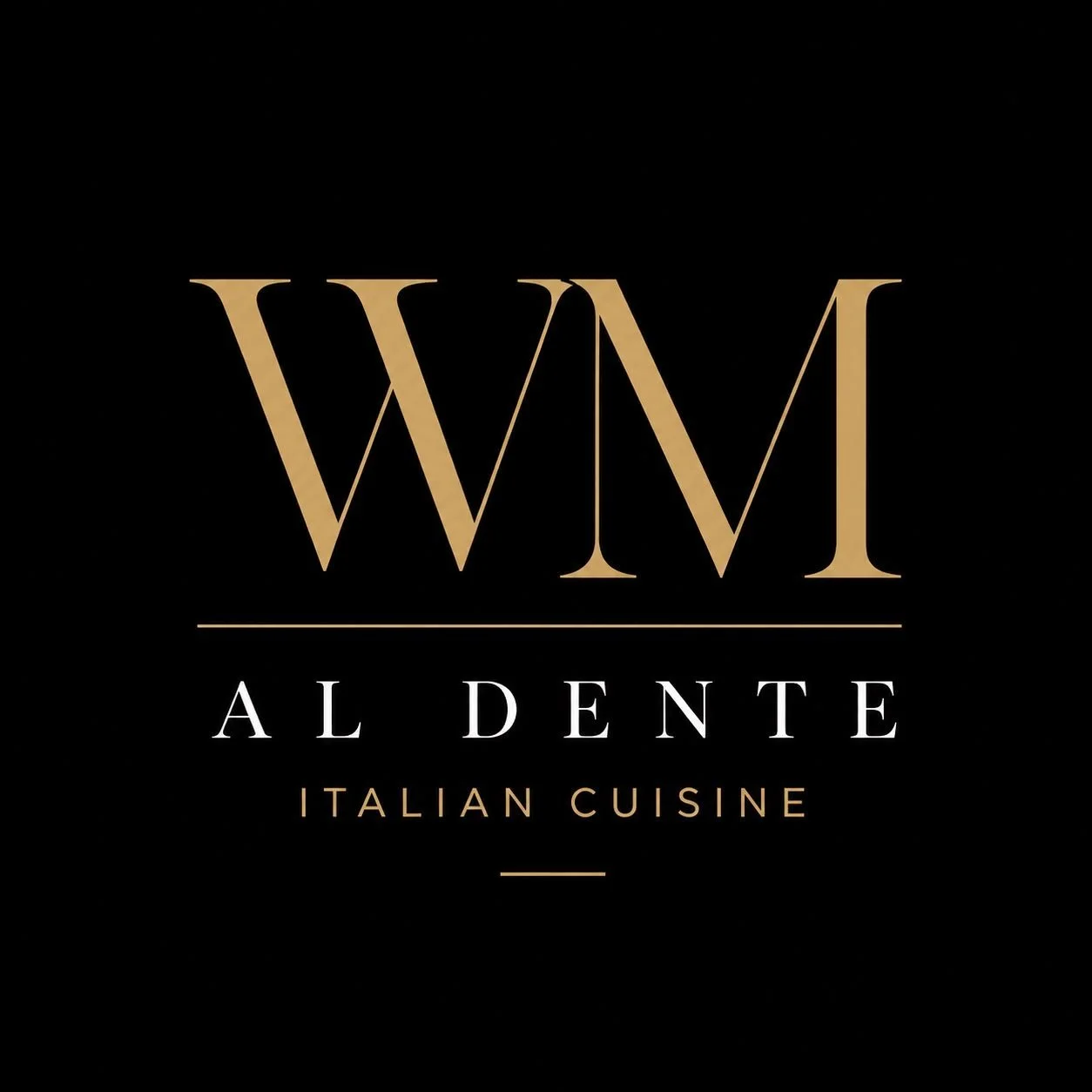 Elegant black background with gold and white text displaying 'WM Al Dente Italian Cuisine' logo.