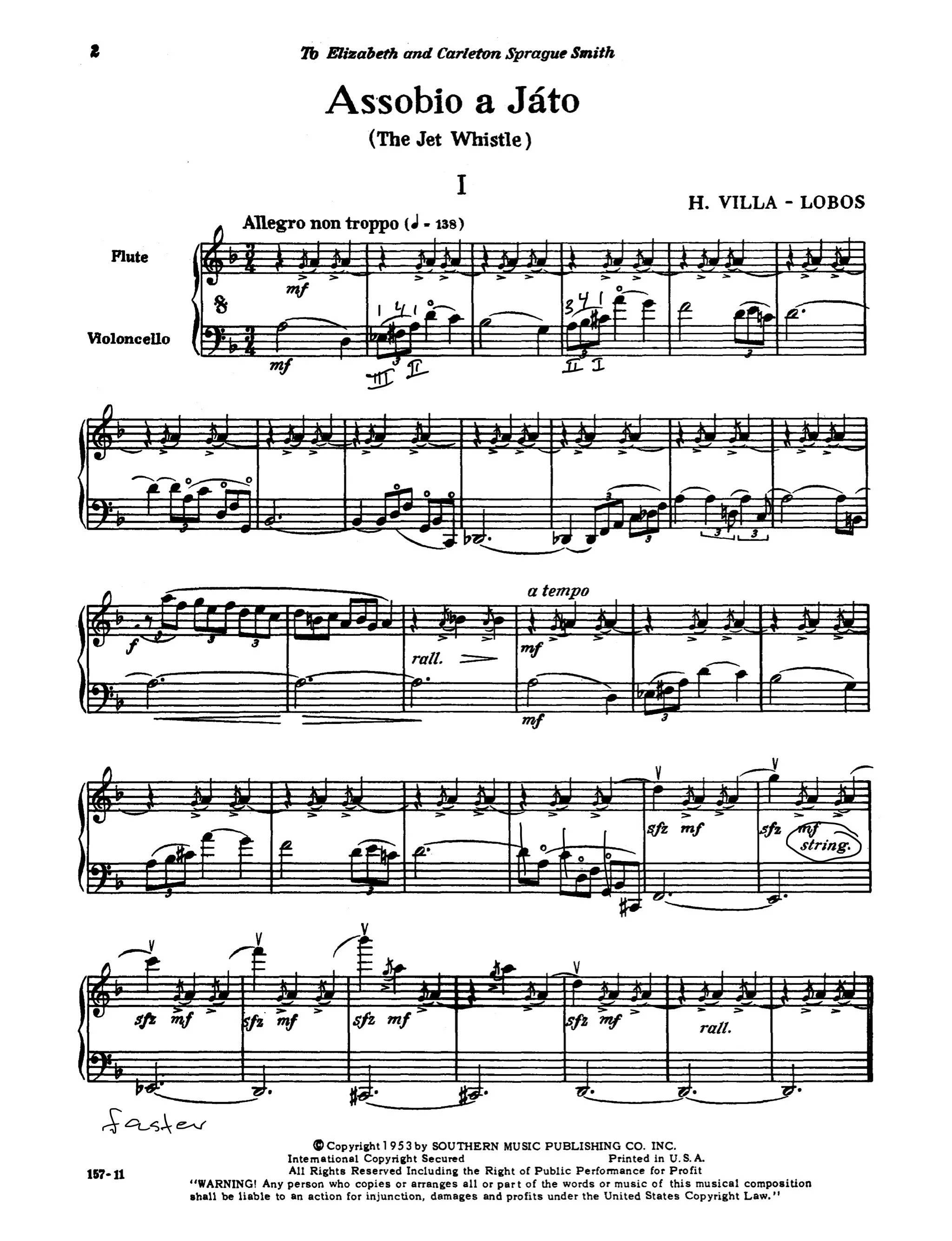 Sheet music titled "Assobio a Jato" (The Jet Whistle) by H. Villa - Lobos, with musical notation for flute and violoncello, including tempo markings and performance instructions.