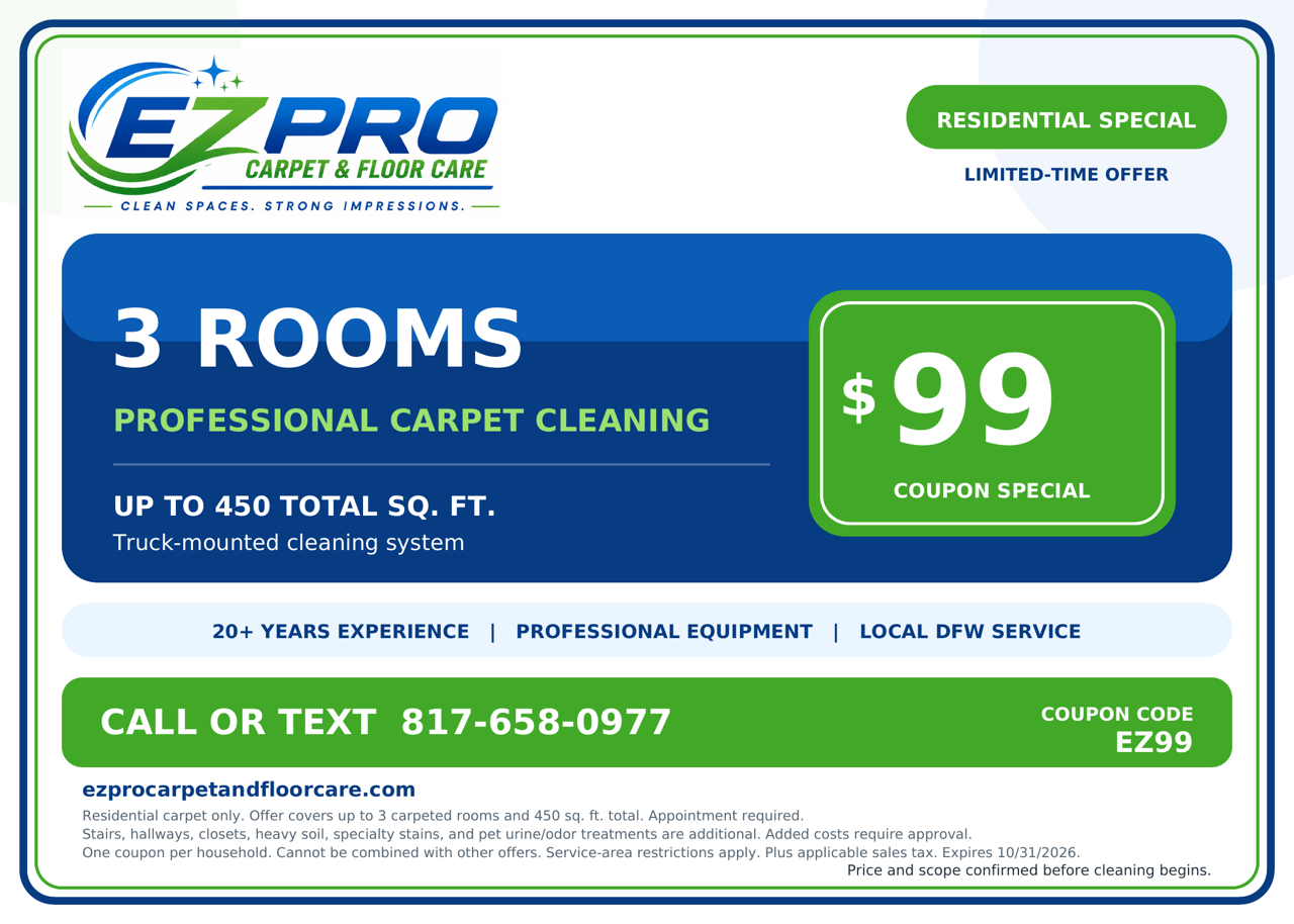 "EZ PRO Carpet cleaning coupon special offering 3 rooms of professional deep cleaning for $99."