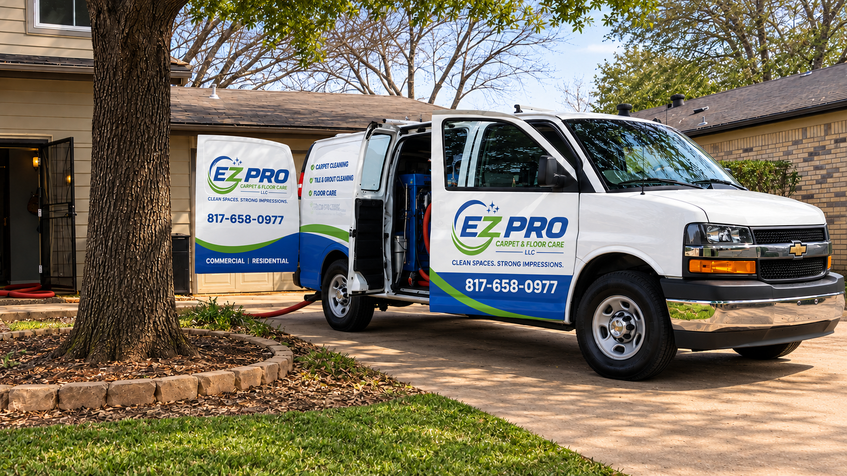 "EZ PRO professional carpet cleaning van equipped with truck-mounted steam cleaning in Arlington, TX."